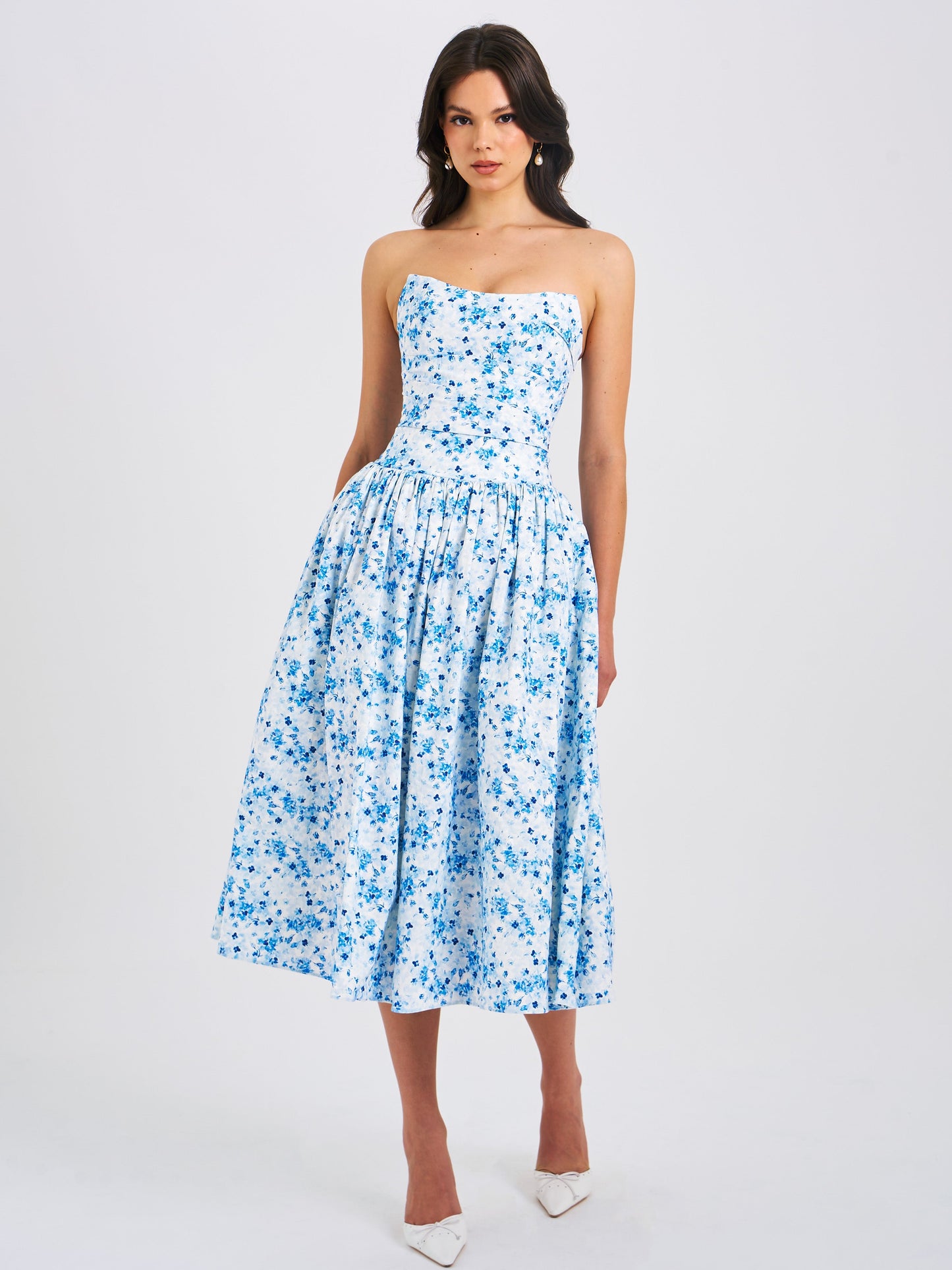 Paloma Blue Print Linen Corset Draping Top Midi Dress