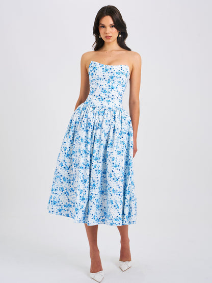 Paloma Blue Print Linen Corset Draping Top Midi Dress