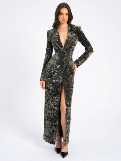 Willow Green Glossy Velvet High Slit Blazer Gown