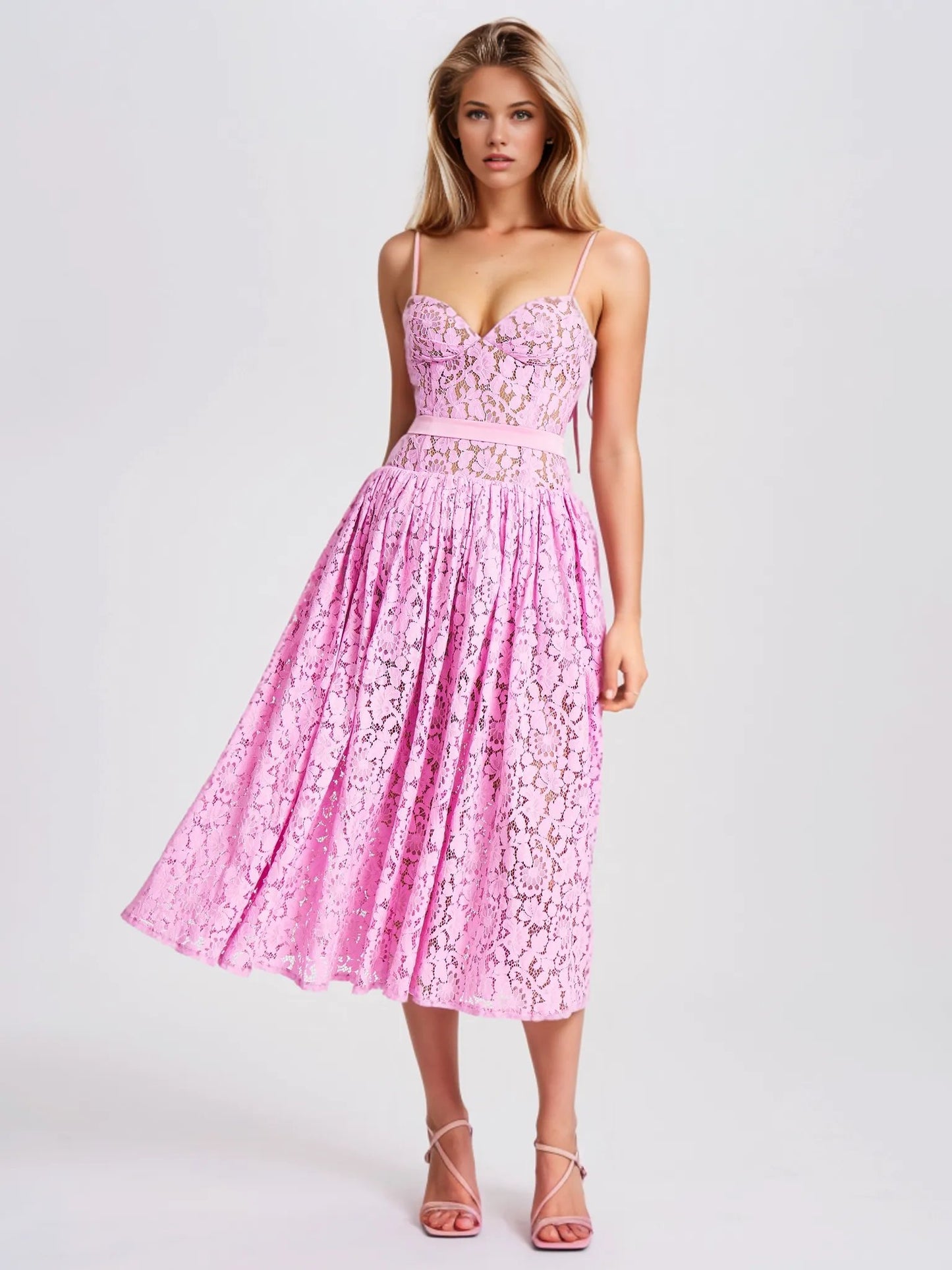 Lorena Pink Lace Drop Waist Midi Dress