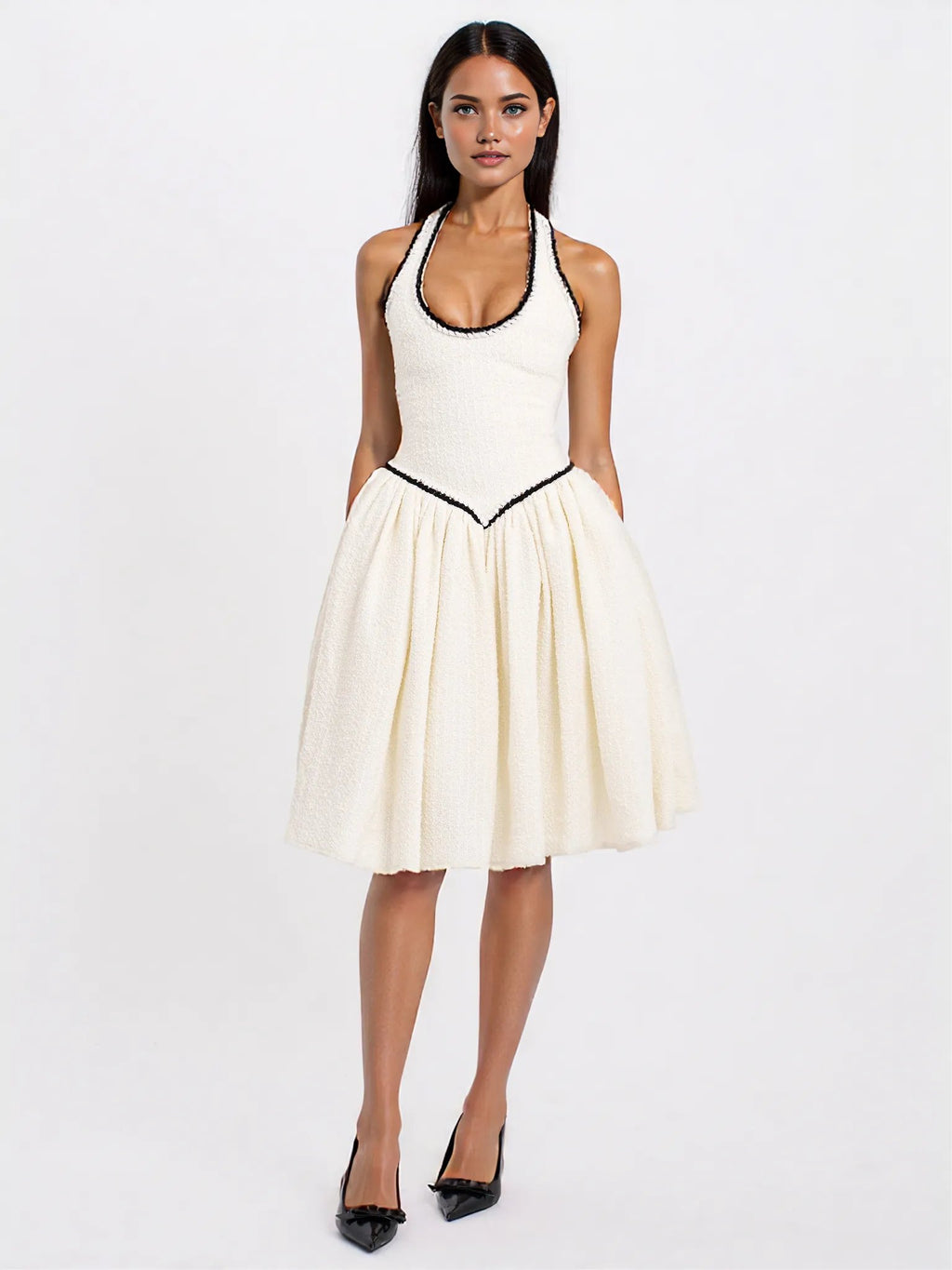 Natalie U Neck Halter Drop Waist Tweed Midi Dress - HOUSE OF SHE