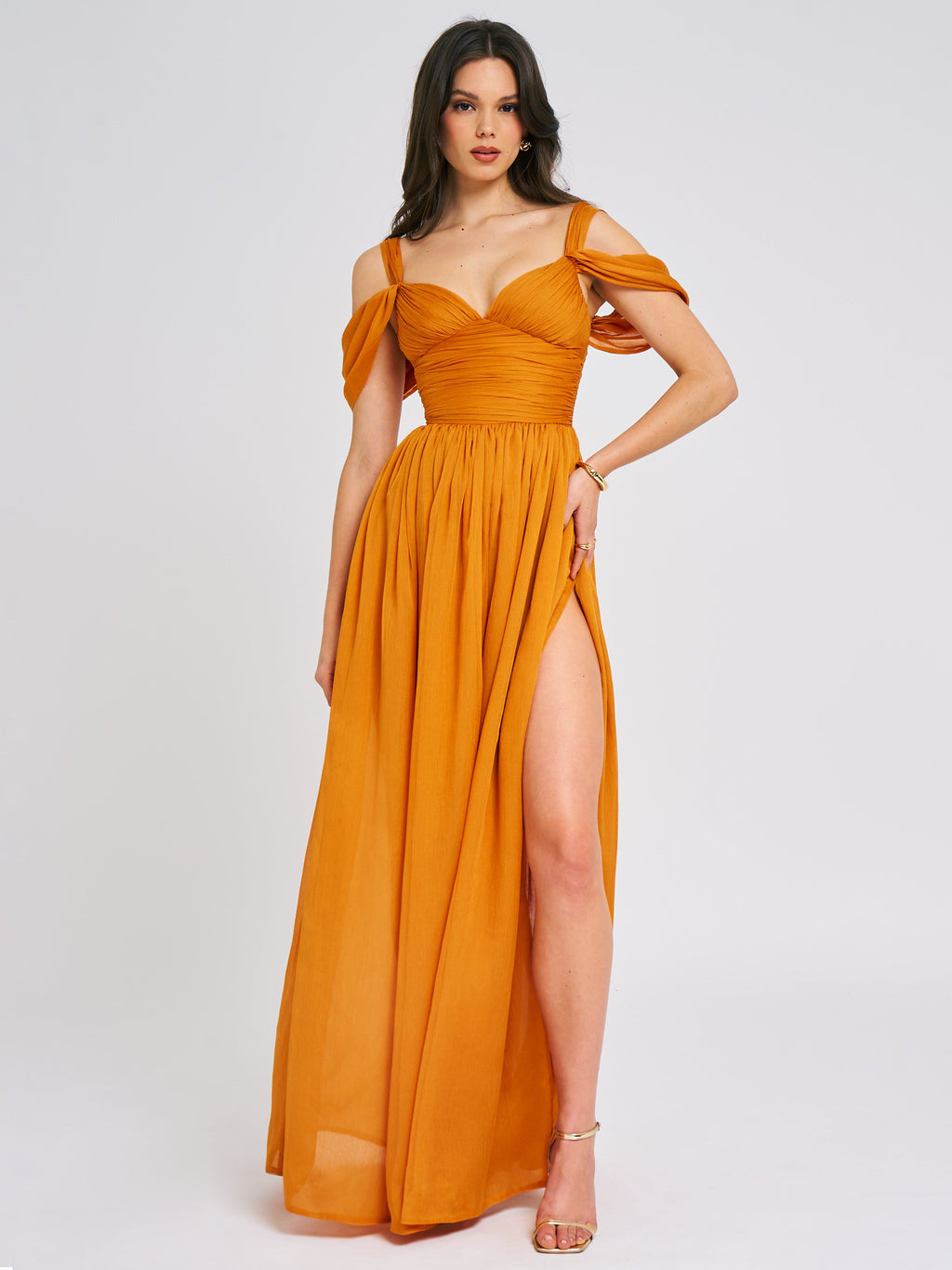 Jelani Layered Mesh High-Slit Drape Maxi Dress  HOUSE OF SHE