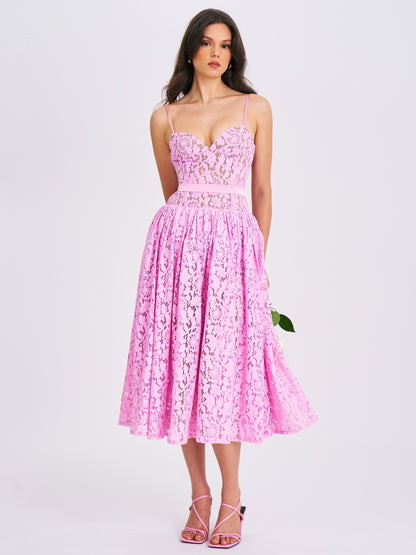 Lorena Pink Lace Drop Waist Midi Dress