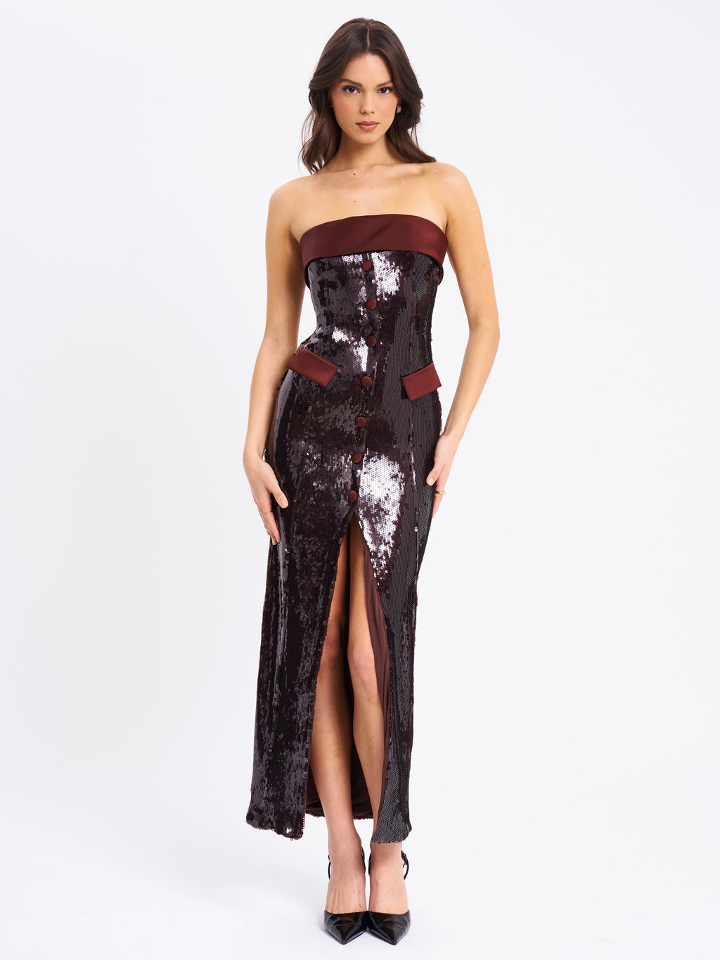 Qadira Burgundy Brown Sequin Maxi Pencil Dress  HOUSE OF SHE