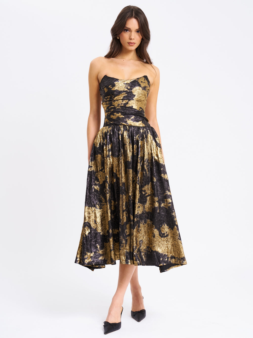 Saanvi Gold Tie Dye Bronzing Strapless Drop Waist Midi Dress  HOUSE OF SHE