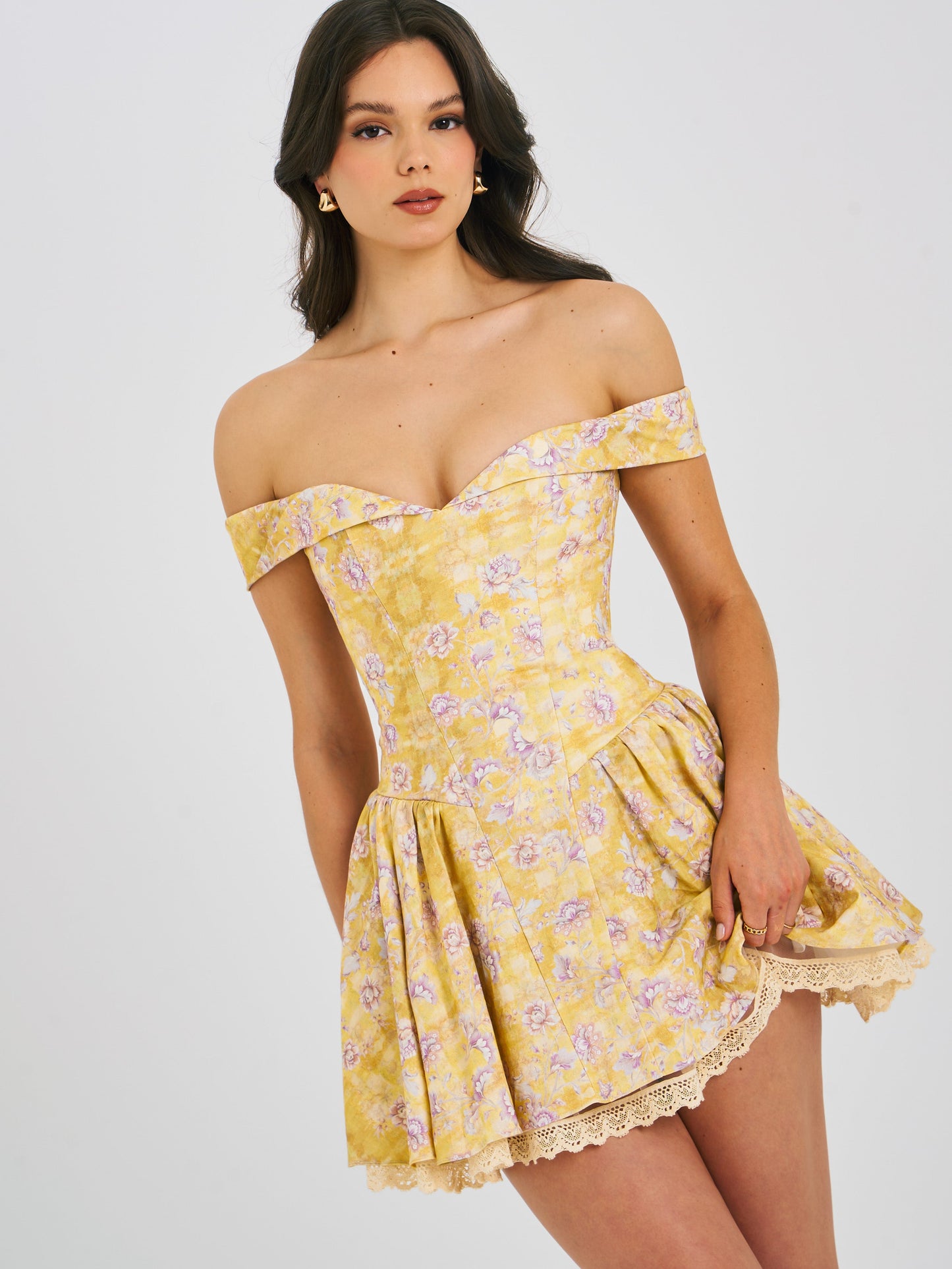 Oana Floral Print Linen Off Shoulder Mini Dress