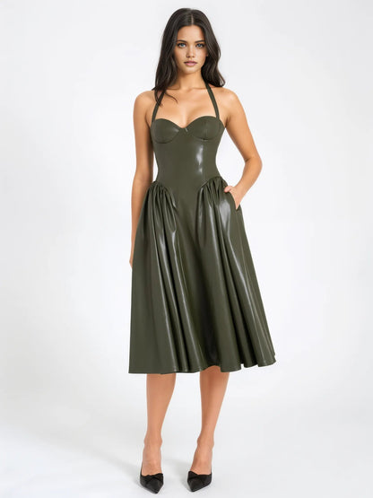 Eliana Olive Vegan Leather Dress