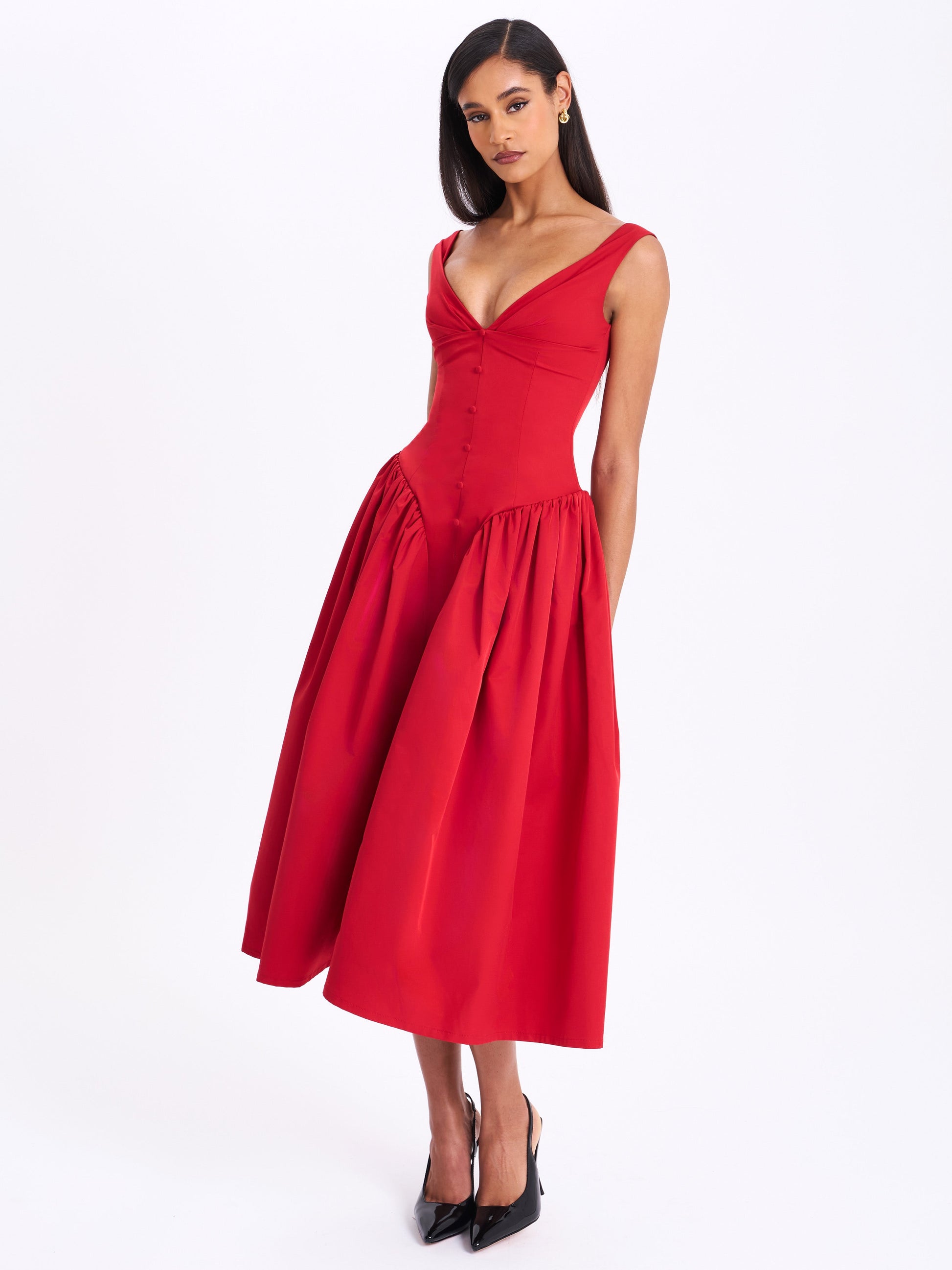 Nahla Red Drop Waist Midi Dress with Buttons - HOUSE OF SHE