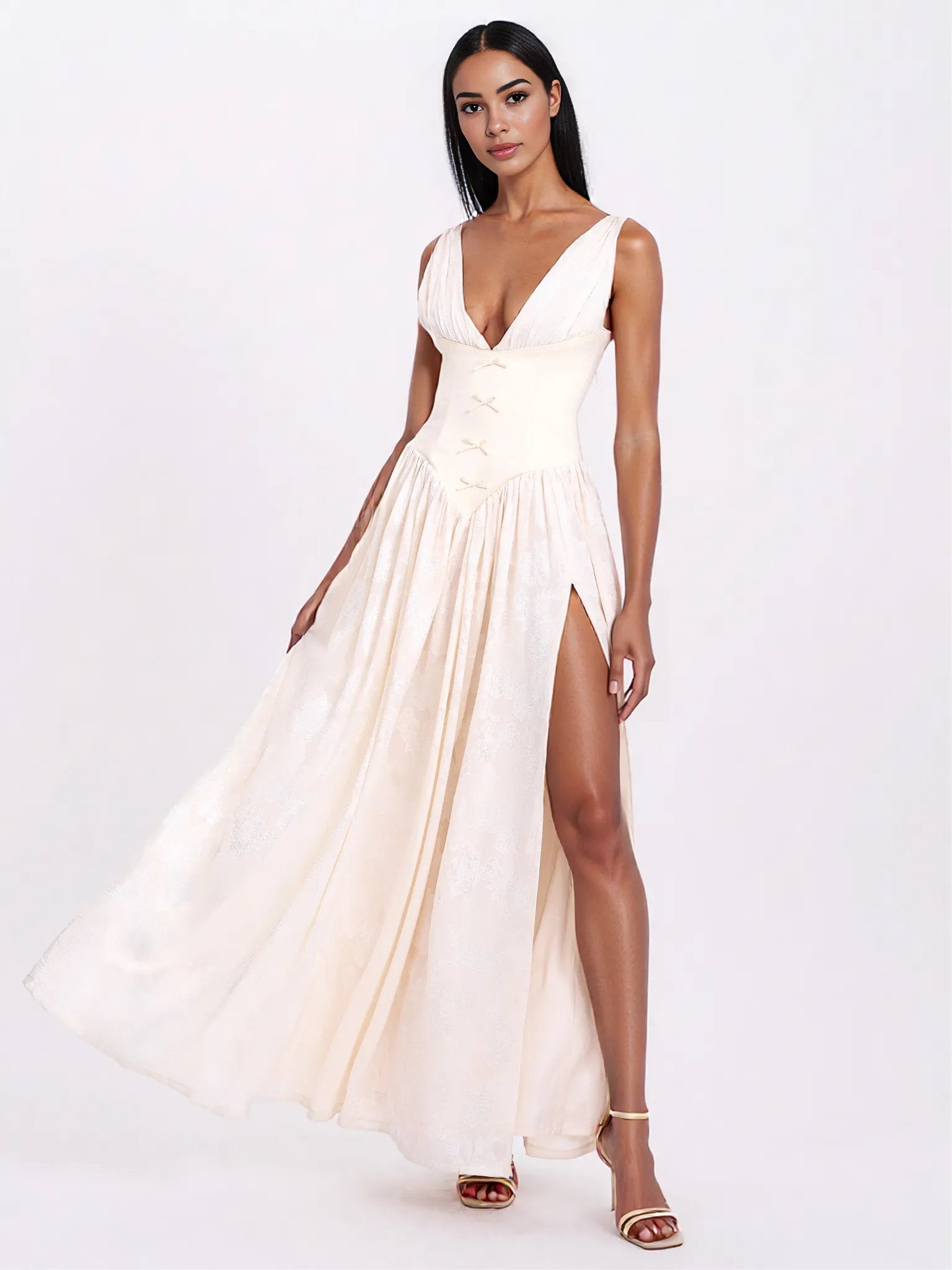 Sabrina Butter Yellow High Slit Jacquard Maxi Dress