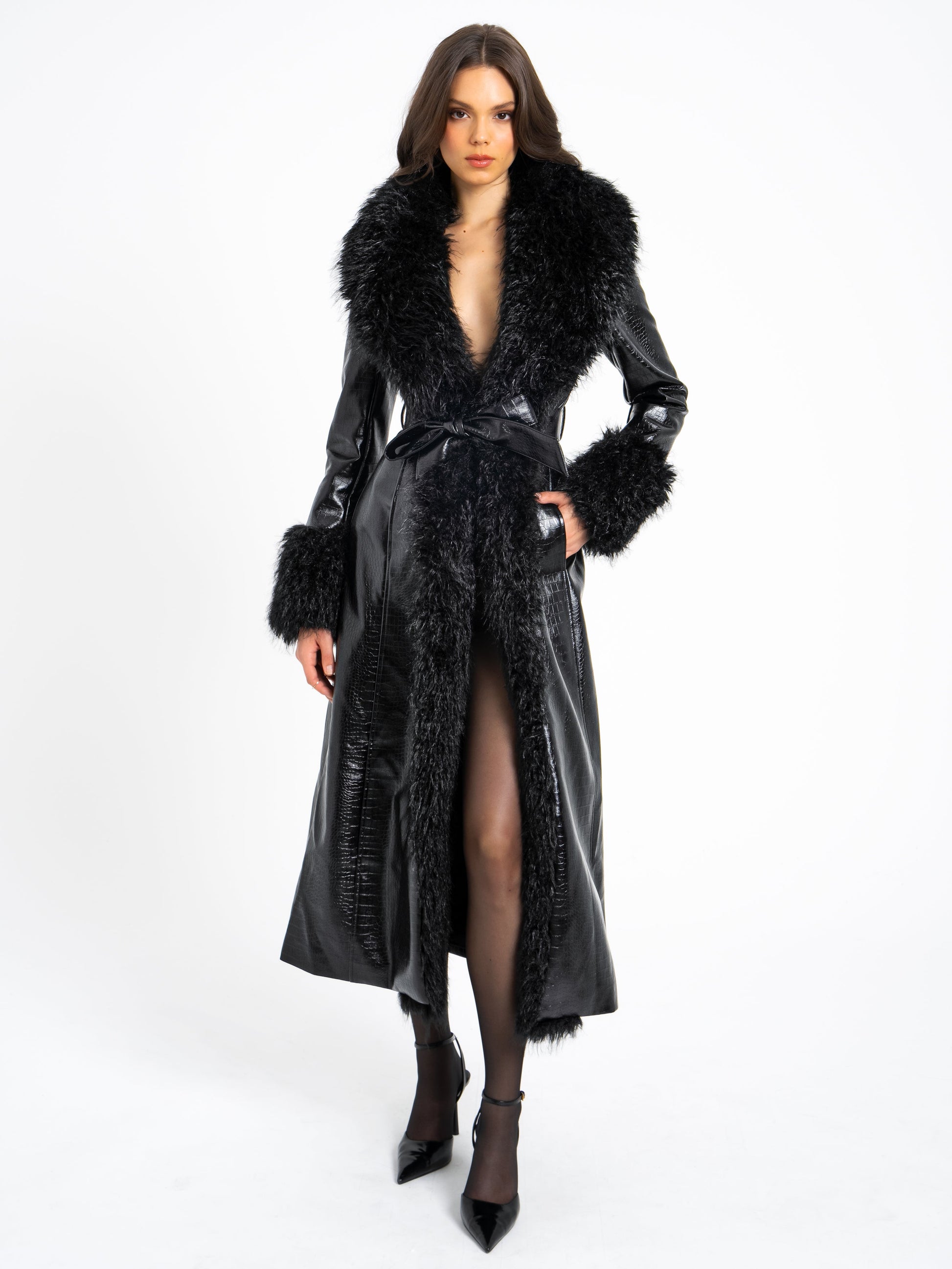 Zella Black Fur Vegan Croc Leather Coat