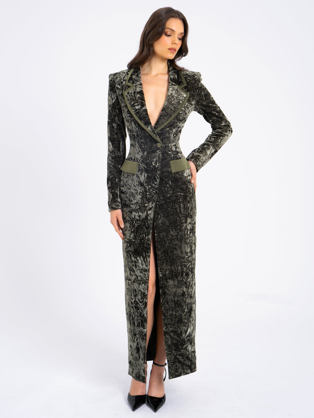 Willow Green Glossy Velvet High Slit Blazer Gown - HOUSE OF SHE