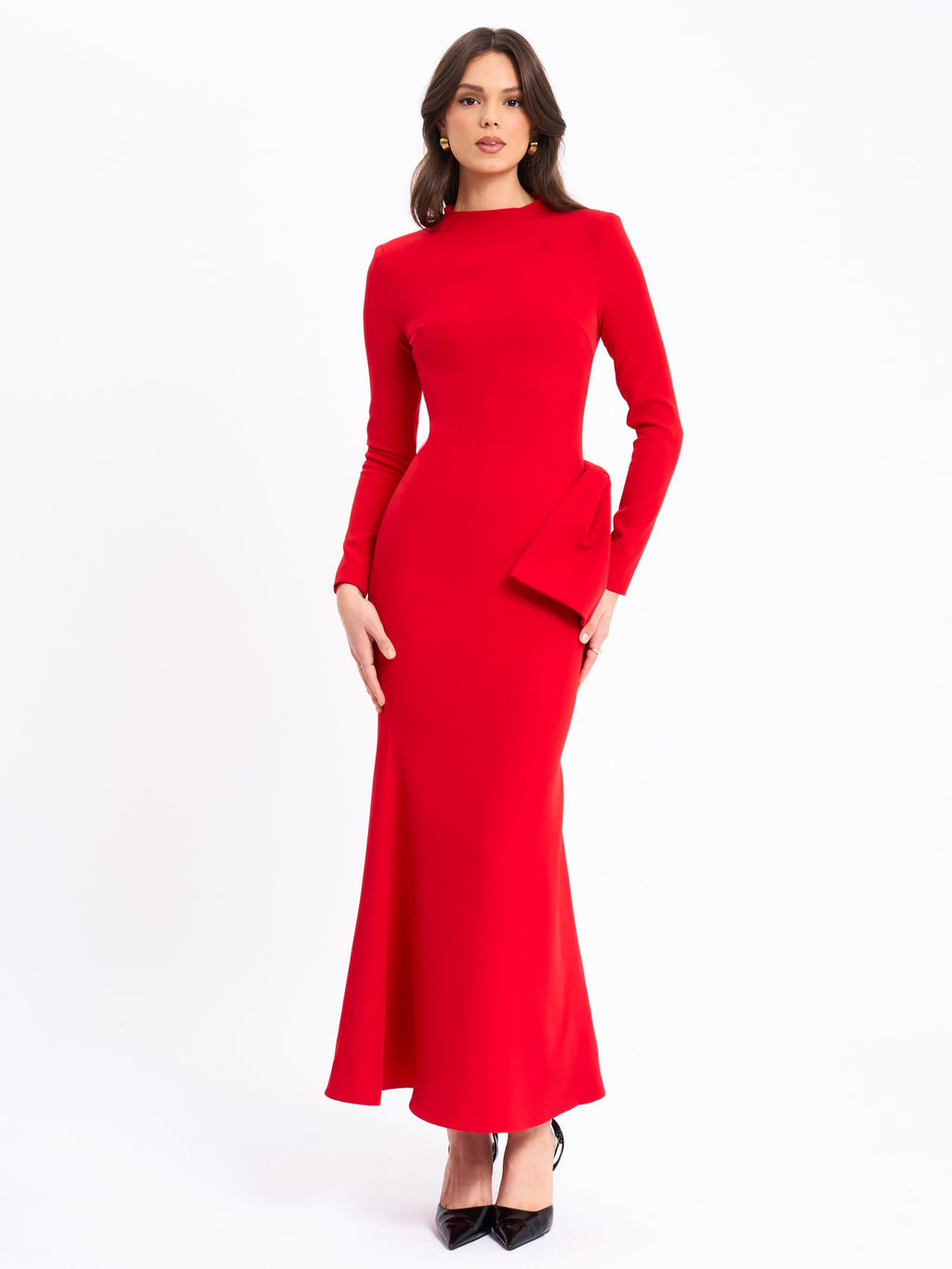 Radha Red Backless Longsleeve Maxi Dress with Bow  HOUSE OF SHE