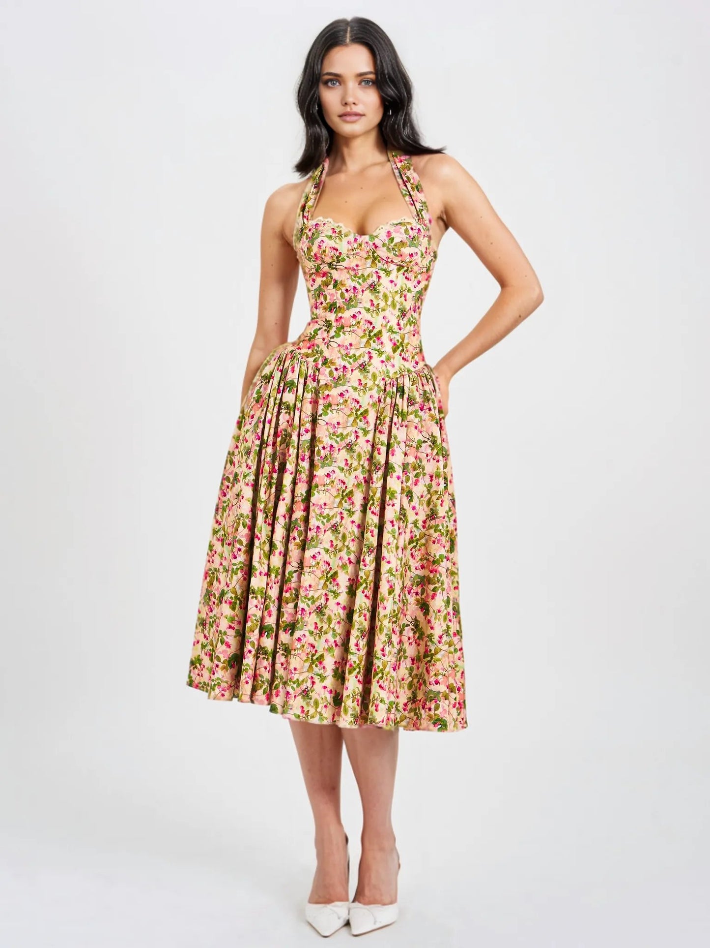 Miya Floral Linen Halter Corset Maxi Dress