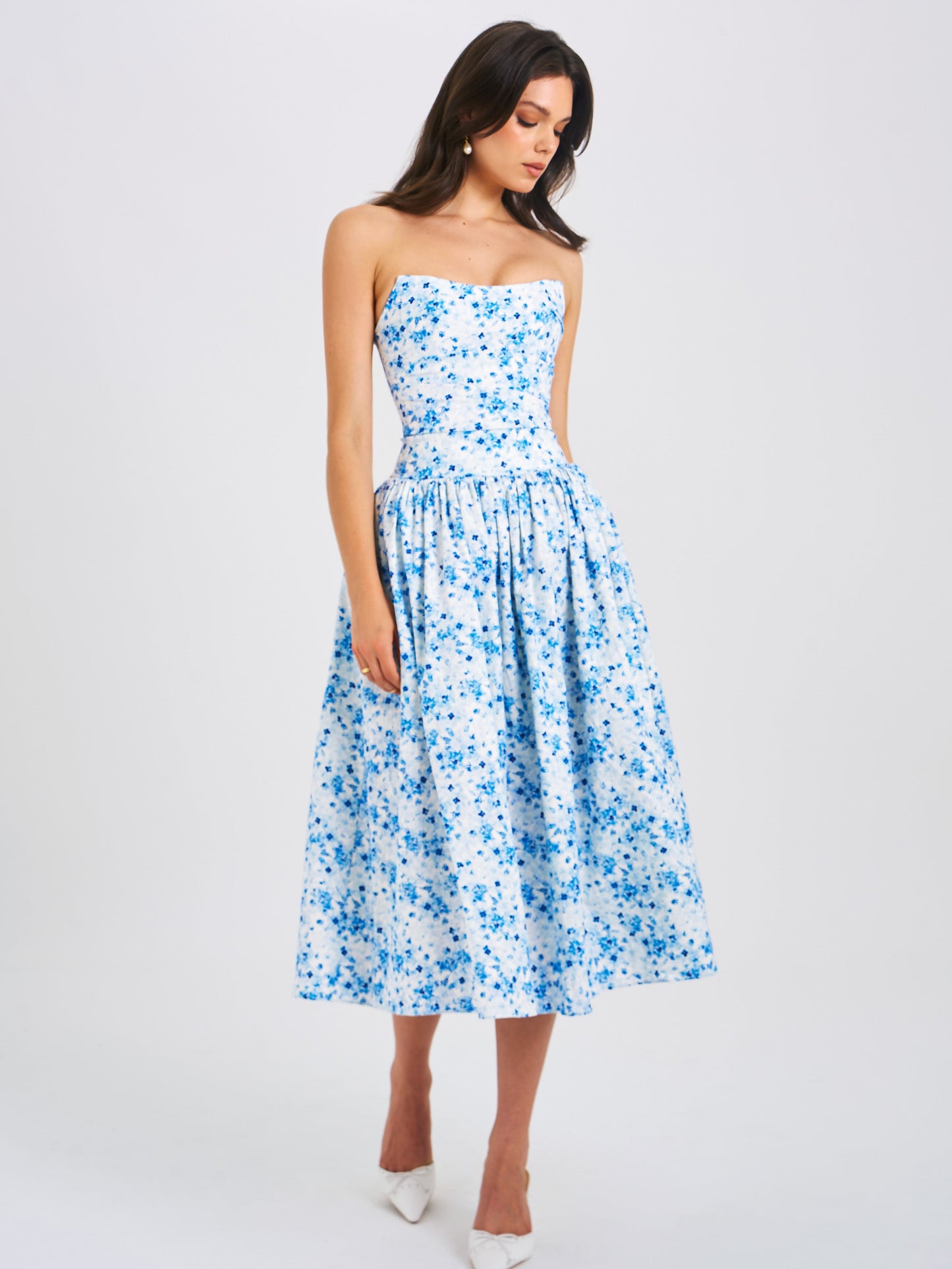 Paloma Blue Print Linen Corset Draping Top Midi Dress