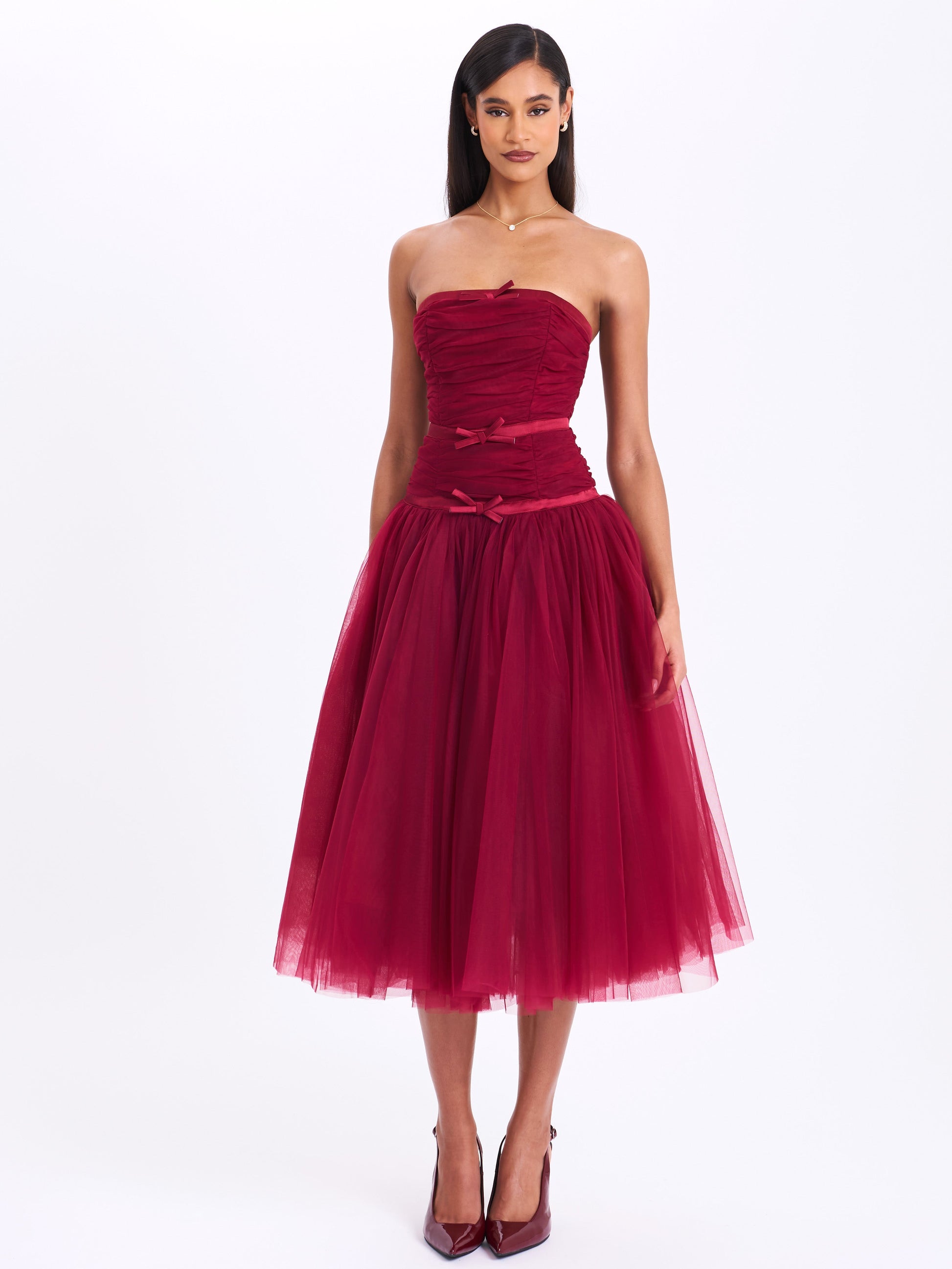 Mabel Burgundy Drop Waist Layered Mesh Midi Puffy Dress with Bow