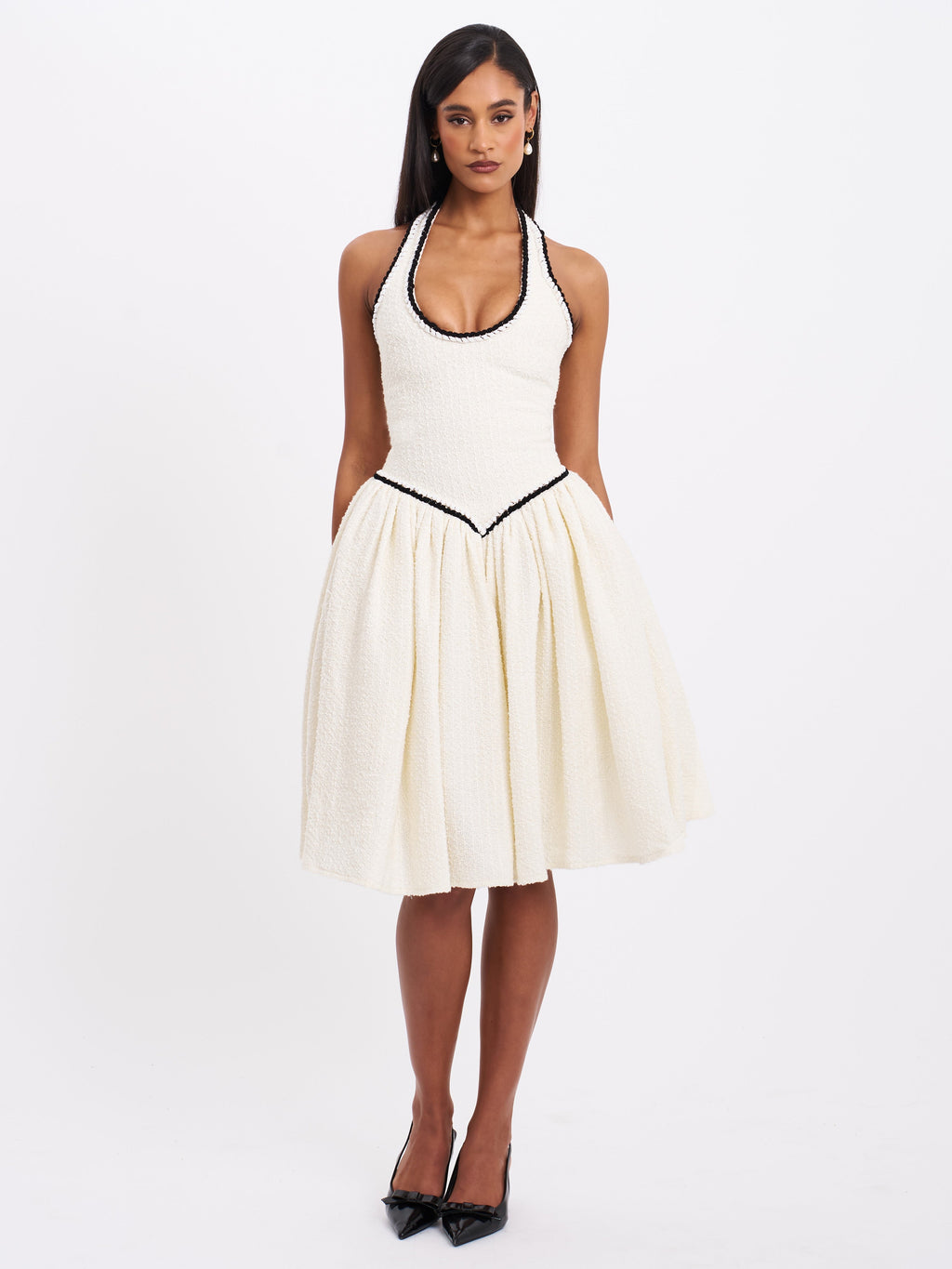 Natalie U Neck Halter Drop Waist Tweed Midi Dress - HOUSE OF SHE