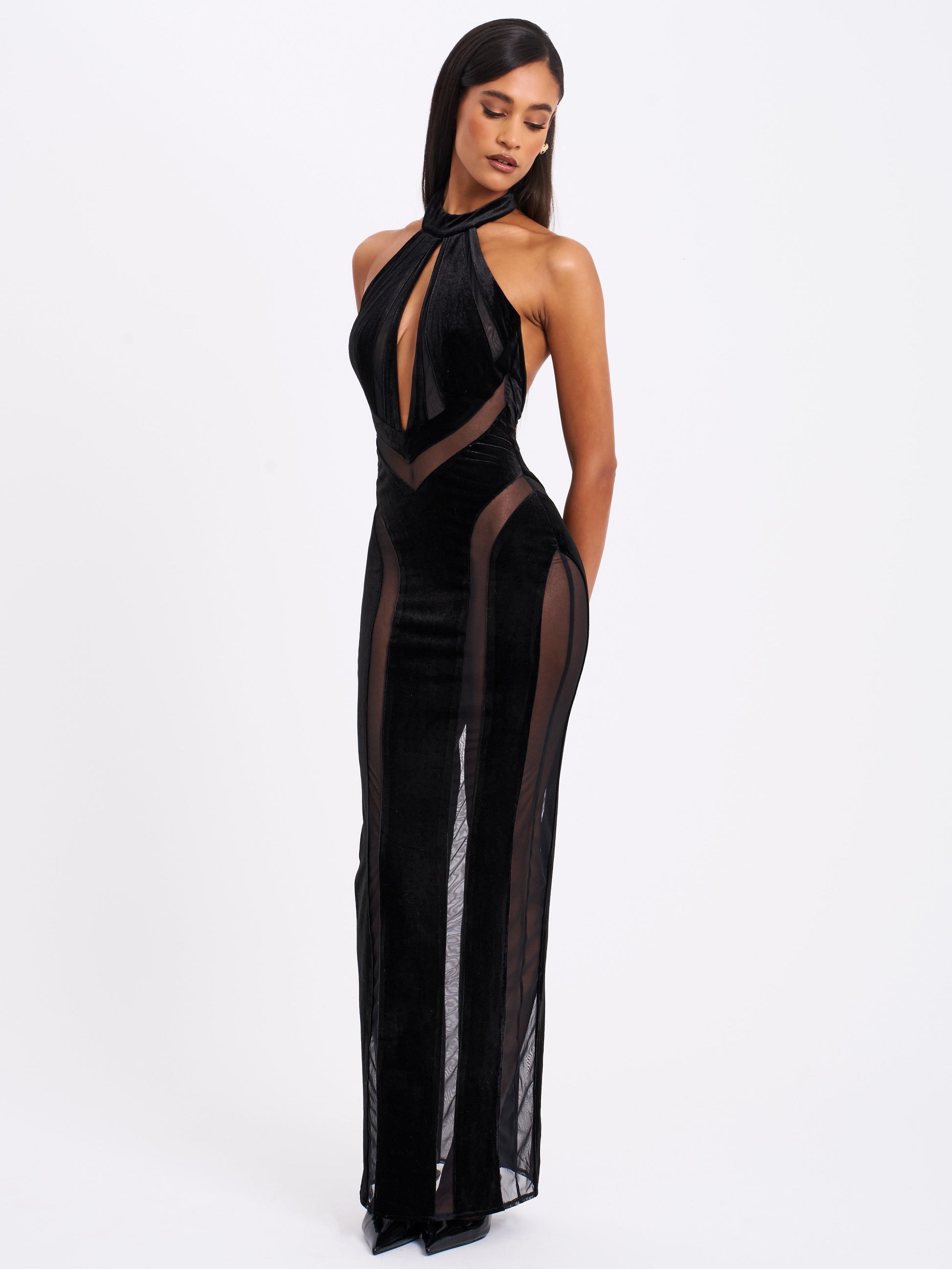 Paityn Black Velvet Mesh Cutout Halter Gown - HOUSE OF SHE