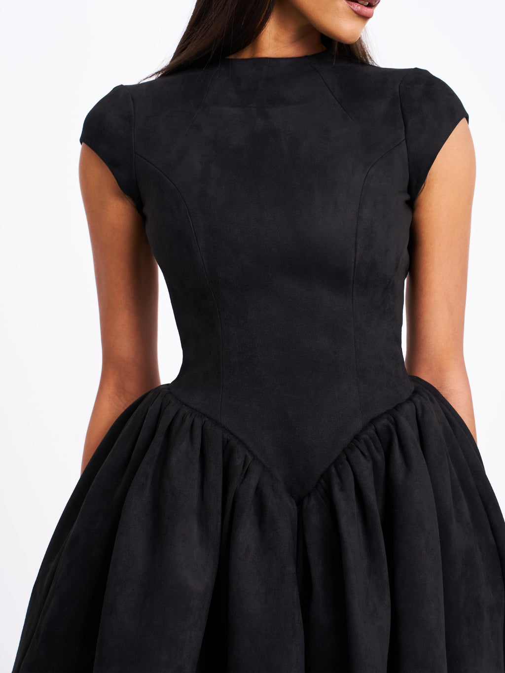 Jacqueline Backless Black Mini Puffy Suede Dress  HOUSE OF SHE