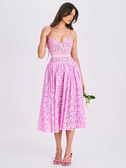 Lorena Pink Lace Drop Waist Midi Dress