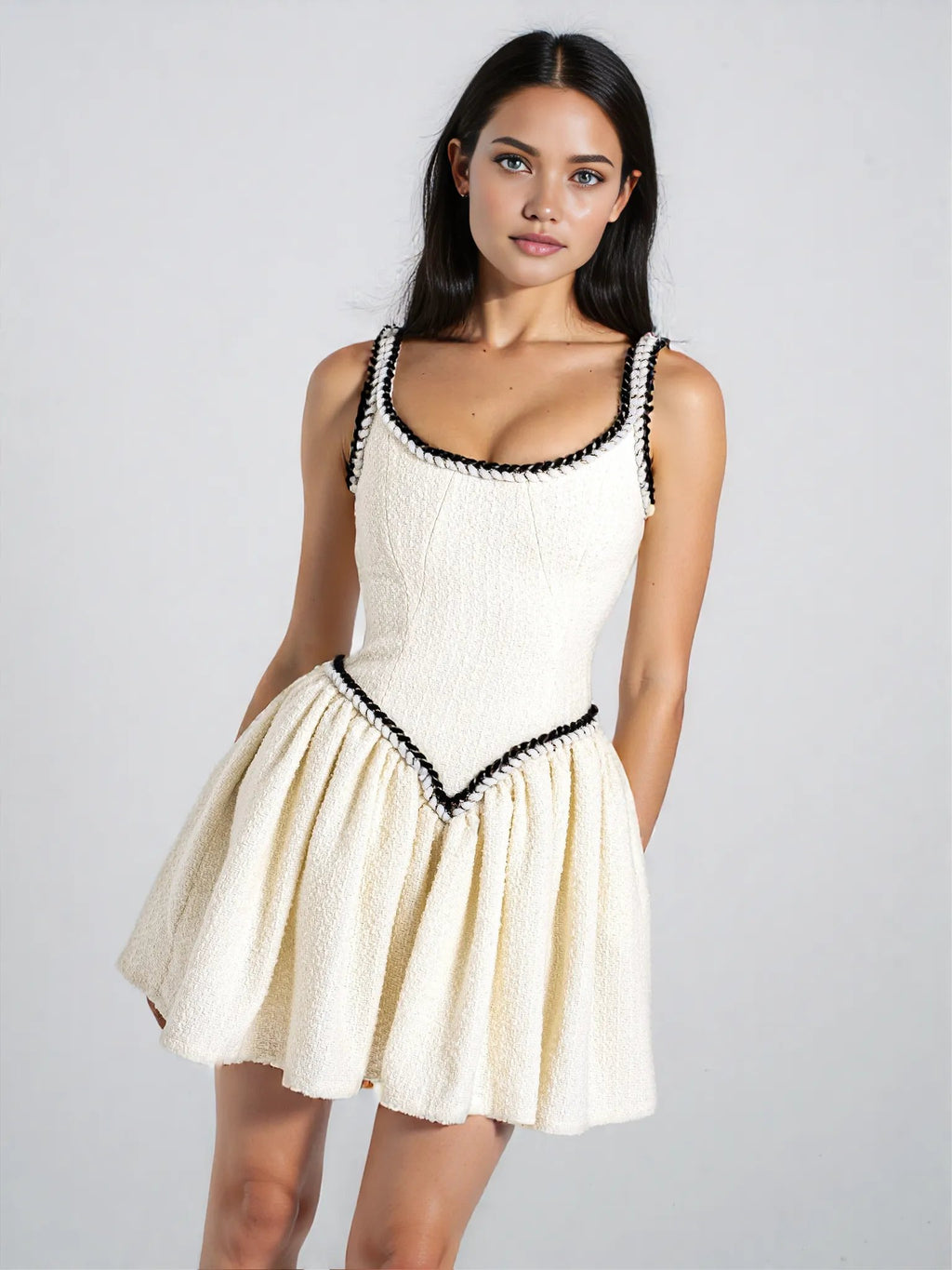 Coco White Boucle Tweed V Waist Mini Dress - HOUSE OF SHE