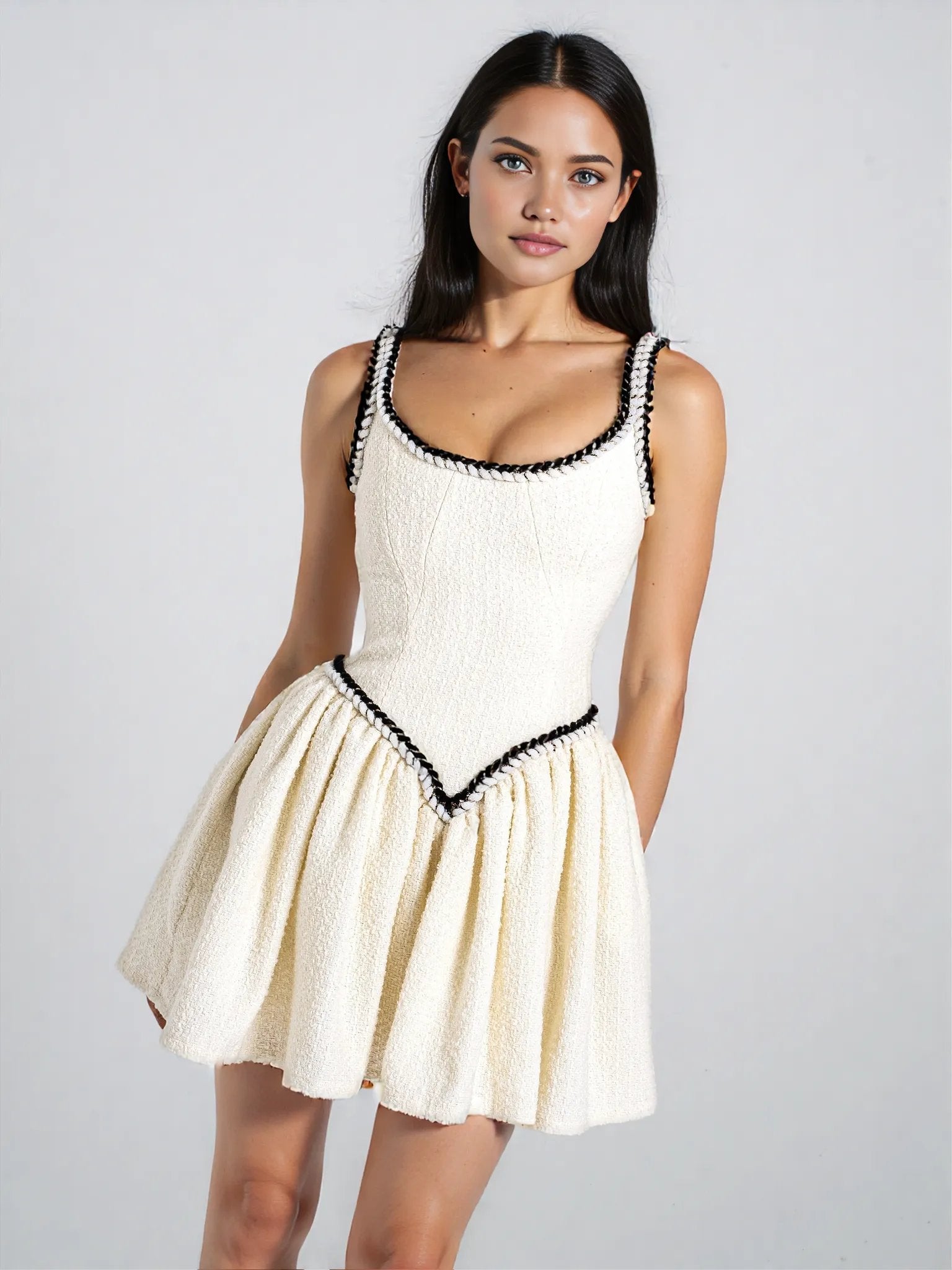 Coco White Boucle Tweed V Waist Mini Dress