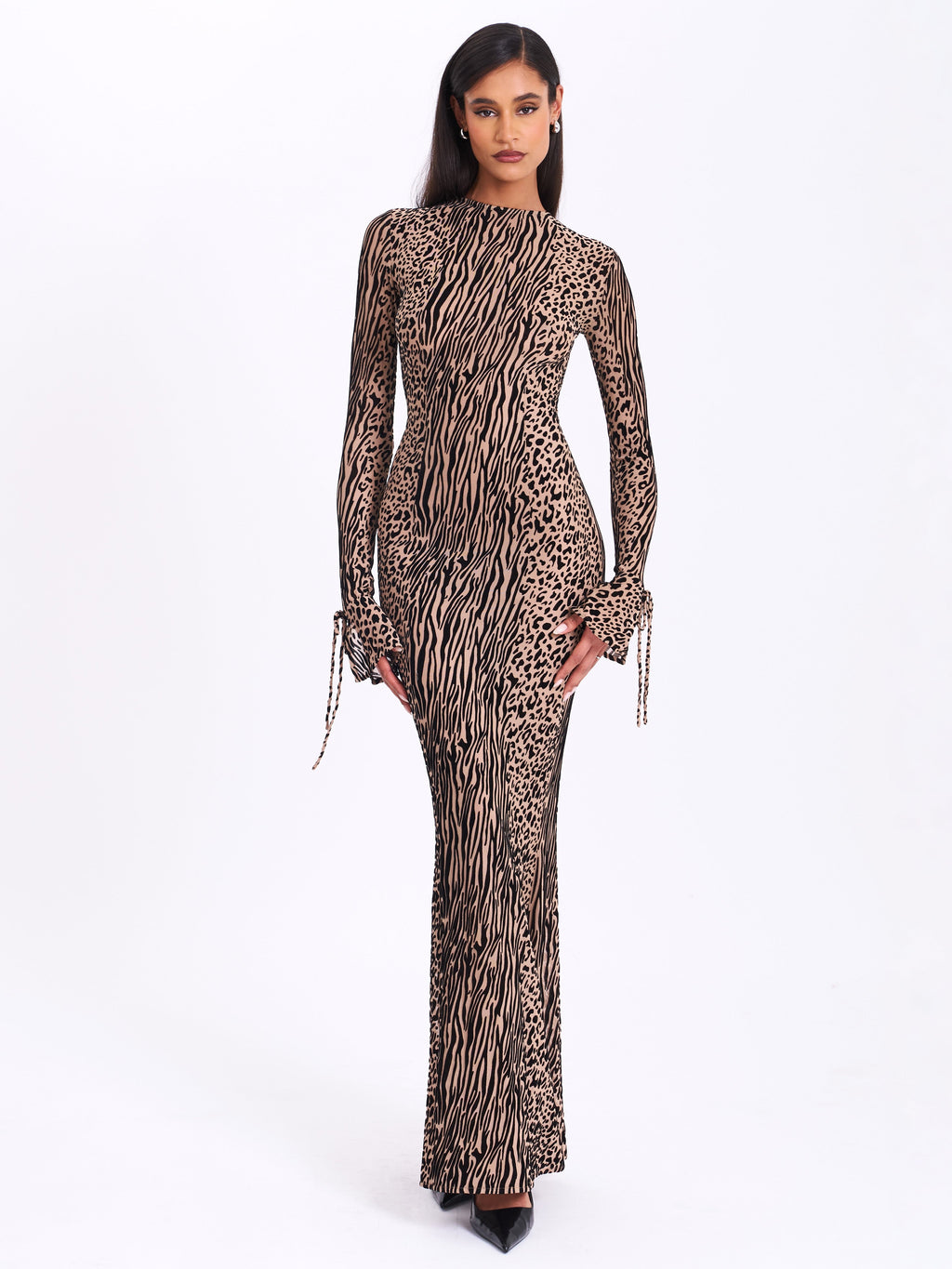 Waylynn Nude Black Animal Print Burnout Velvet Detail Mesh Backless Maxi Dress - HOUSE OF SHE