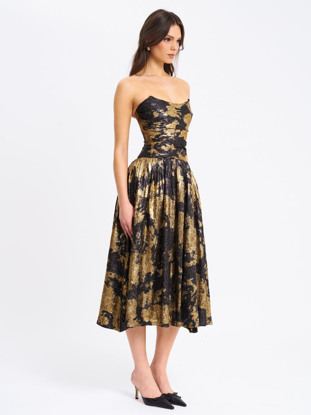 Saanvi Gold Tie Dye Bronzing Strapless Drop Waist Midi Dress  HOUSE OF SHE