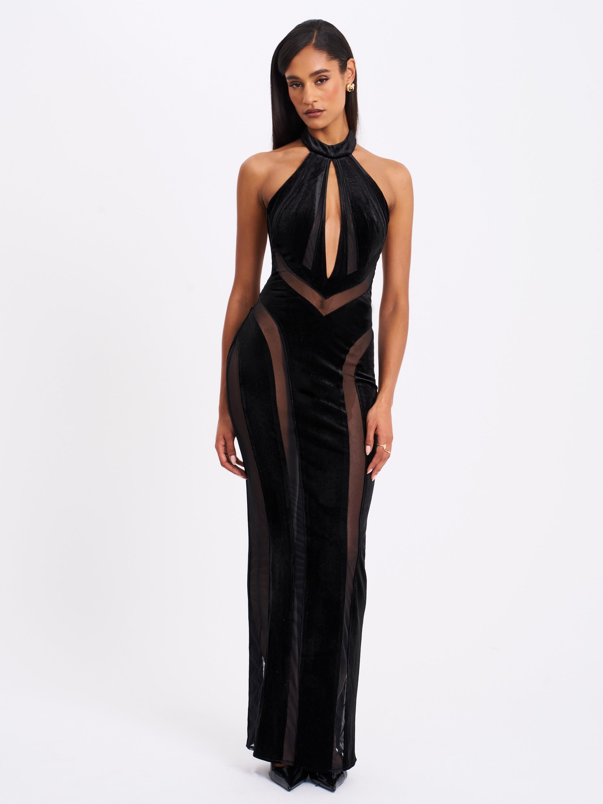 Paityn Black Velvet Mesh Cutout Halter Gown - HOUSE OF SHE
