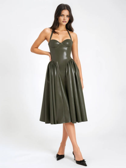 Eliana Olive Vegan Leather Dress