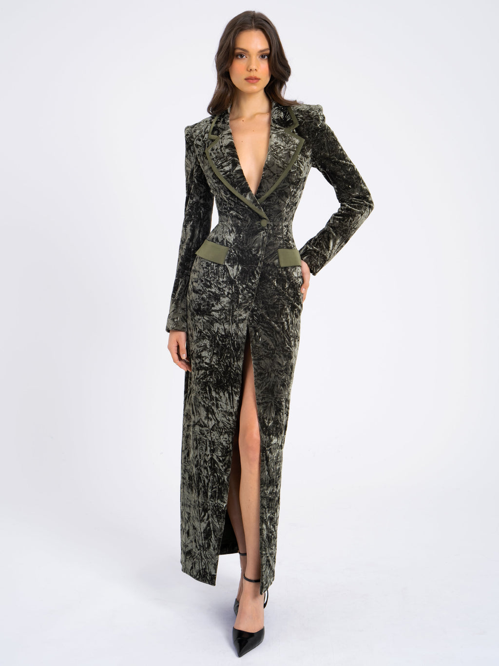 Willow Green Glossy Velvet High Slit Blazer Gown - HOUSE OF SHE