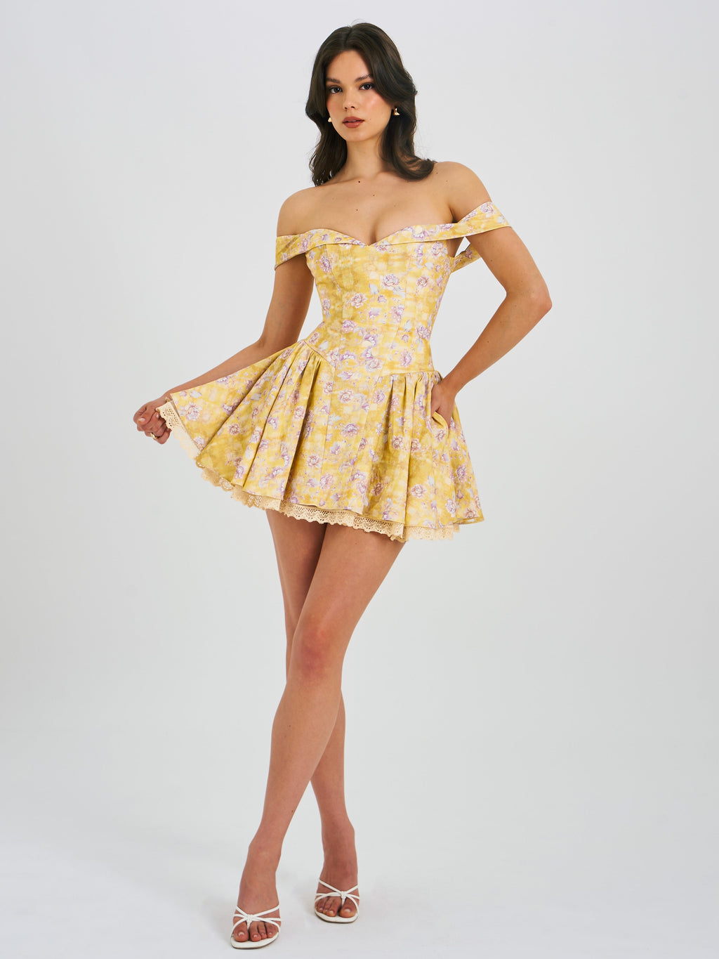 Oana Floral Print Linen Off Shoulder Mini Dress - HOUSE OF SHE