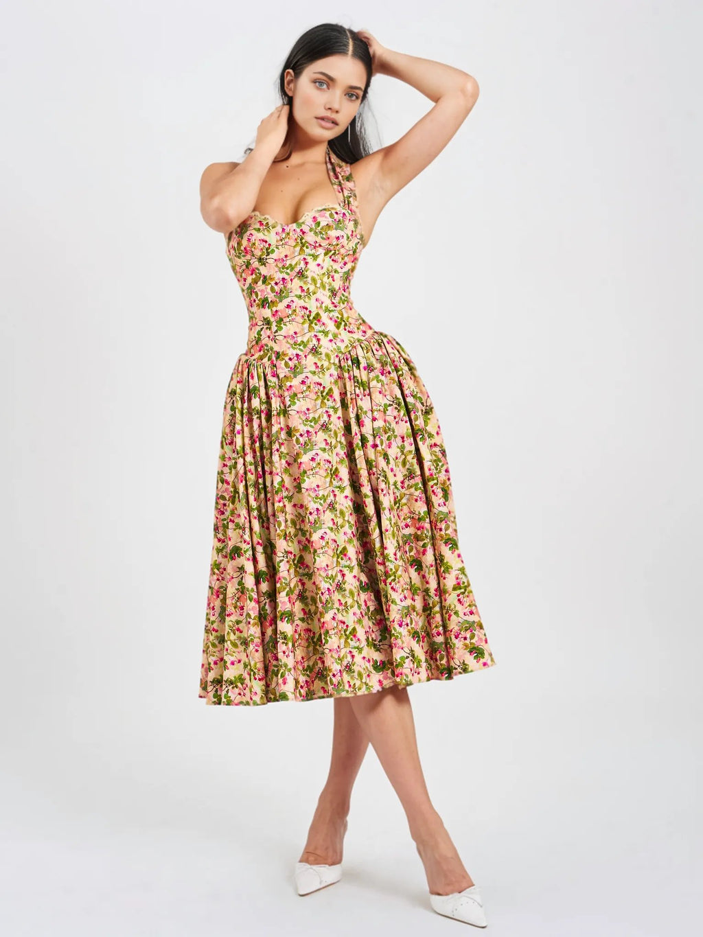 Miya Floral Linen Halter Corset Maxi Dress - HOUSE OF SHE