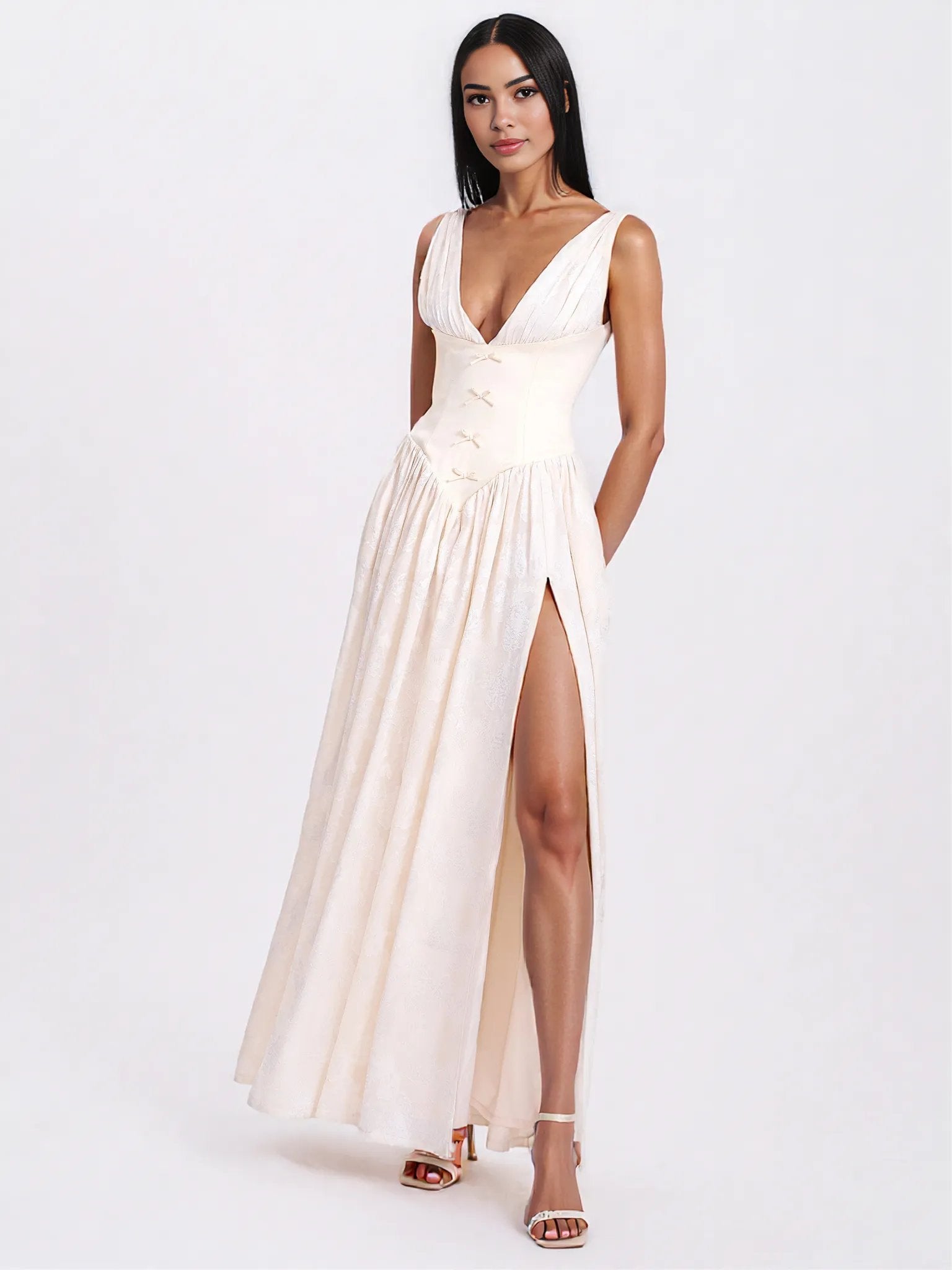 Sabrina Butter Yellow High Slit Jacquard Maxi Dress