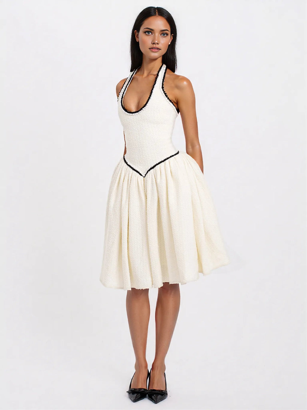 Natalie U Neck Halter Drop Waist Tweed Midi Dress - HOUSE OF SHE
