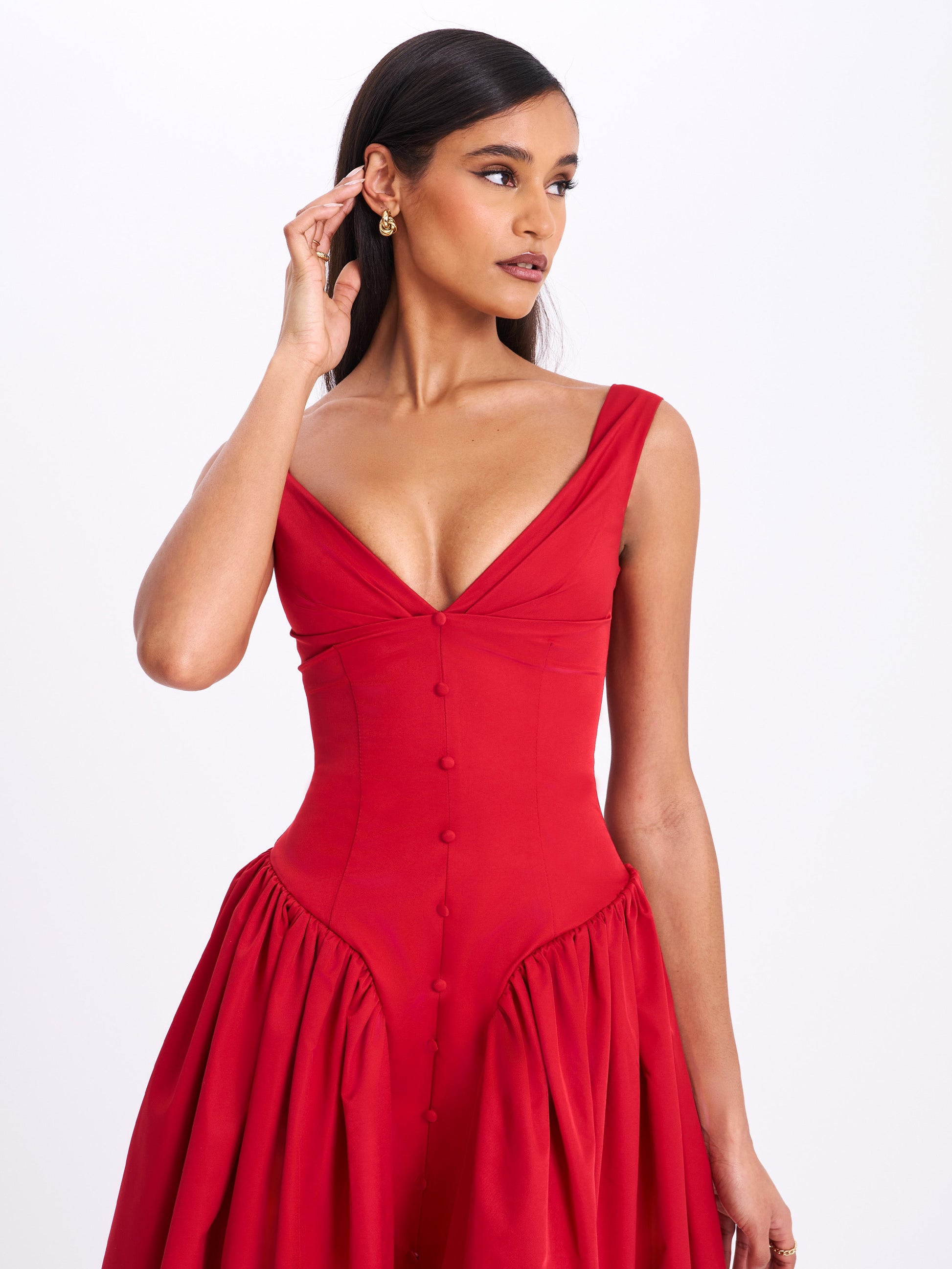 Nahla Red Drop Waist Midi Dress with Buttons - HOUSE OF SHE