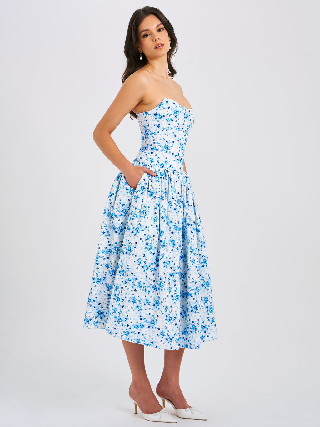 Paloma Blue Print Linen Corset Draping Top Midi Dress - HOUSE OF SHE