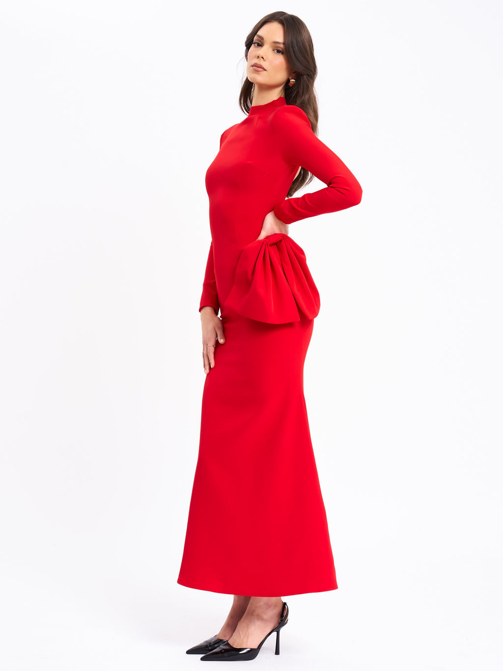 Radha Red Backless Longsleeve Maxi Dress with Bow  HOUSE OF SHE