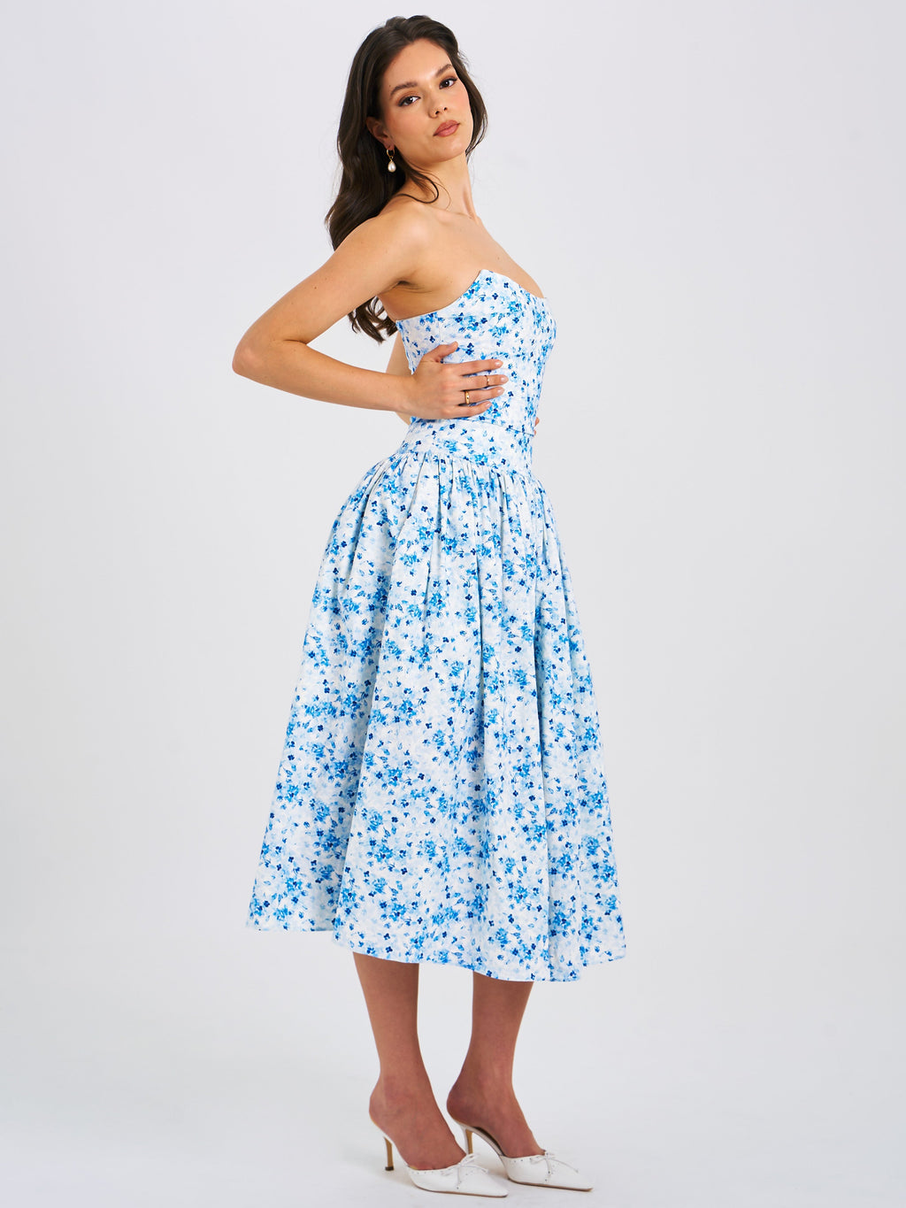 Paloma Blue Print Linen Corset Draping Top Midi Dress - HOUSE OF SHE