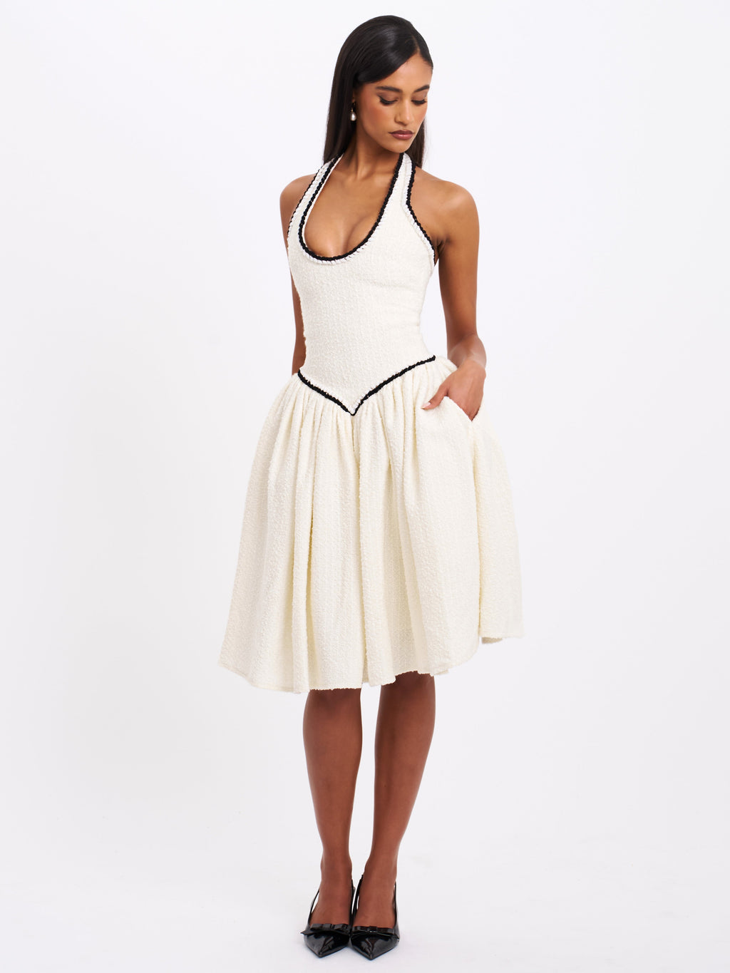 Natalie U Neck Halter Drop Waist Tweed Midi Dress - HOUSE OF SHE