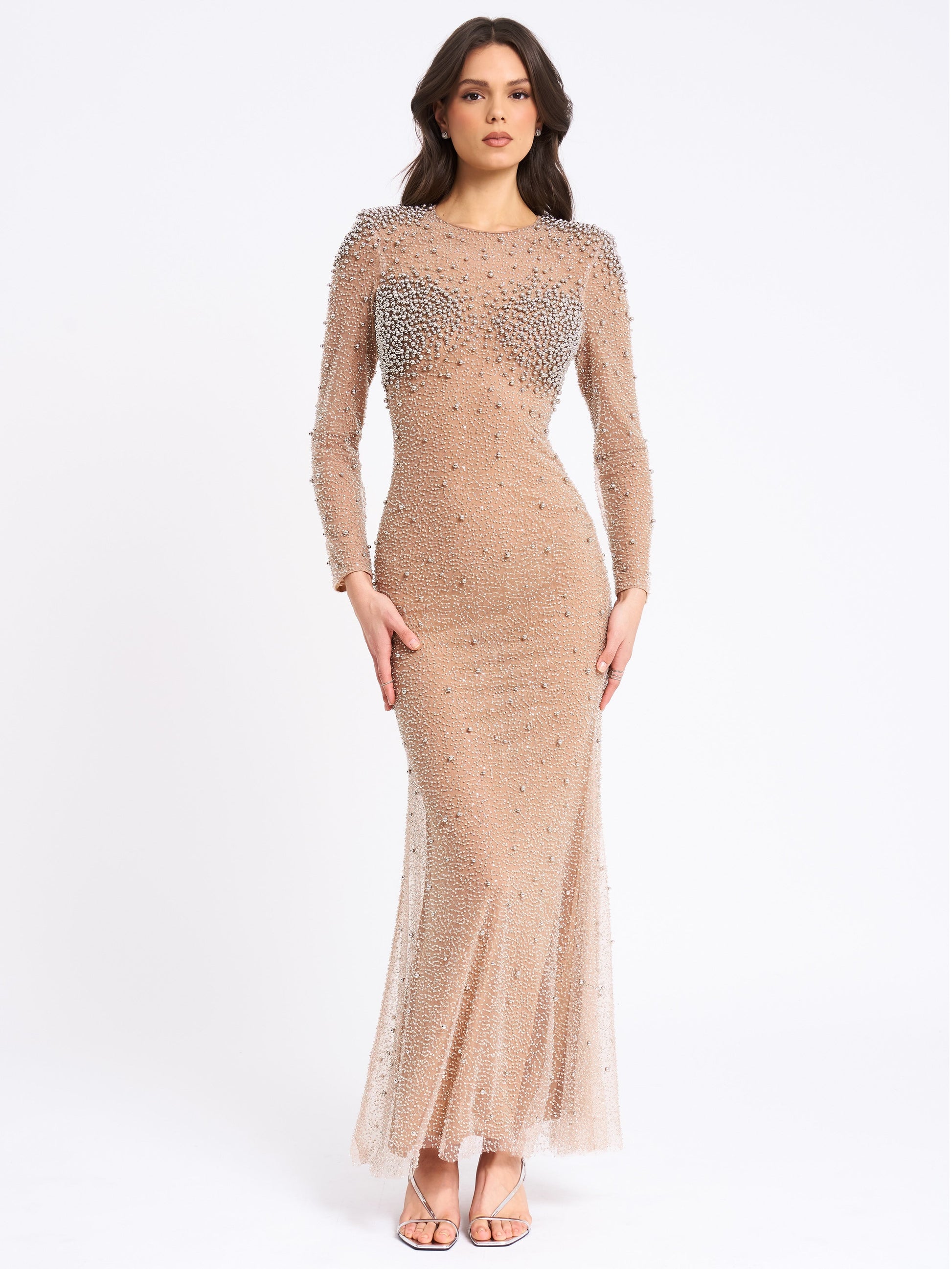 Rita Sequin Mesh Silver Beaded Mermaid Dress