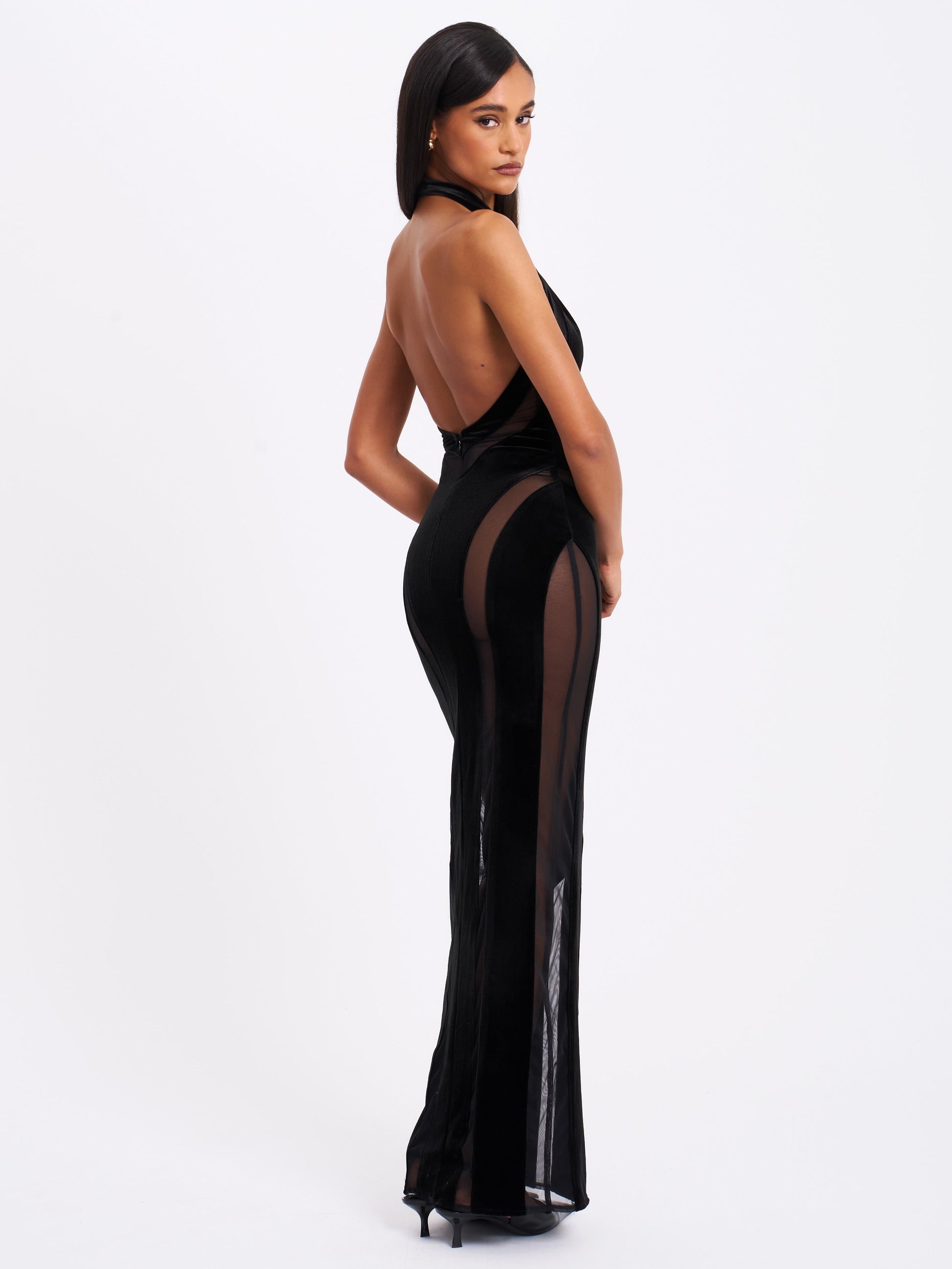 Paityn Black Velvet Mesh Cutout Halter Gown - HOUSE OF SHE