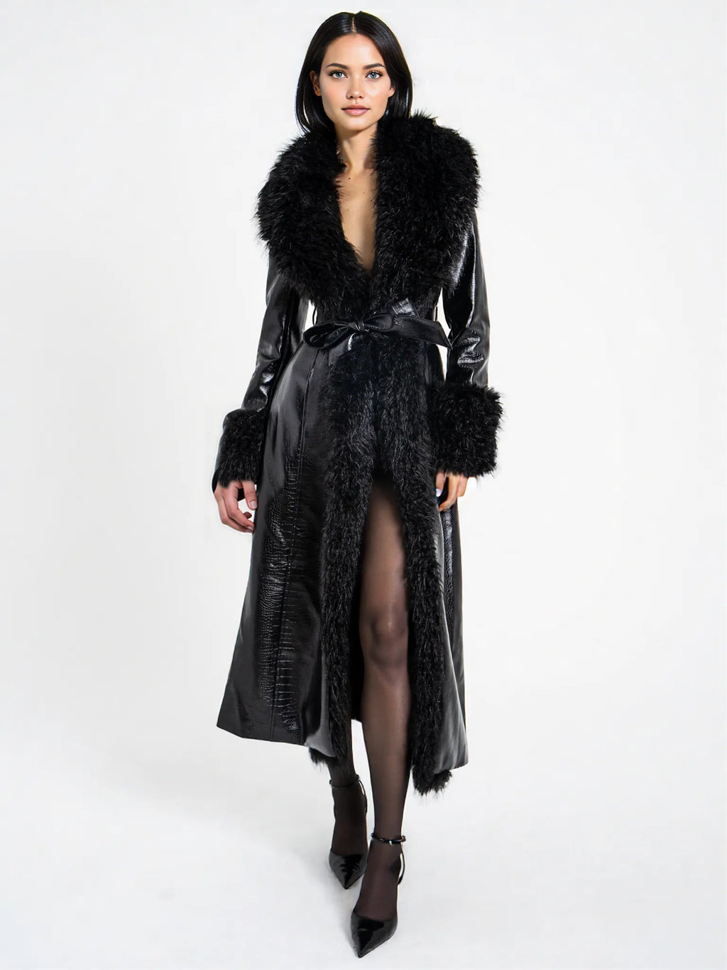 Zella Black Fur Vegan Croc Leather Coat