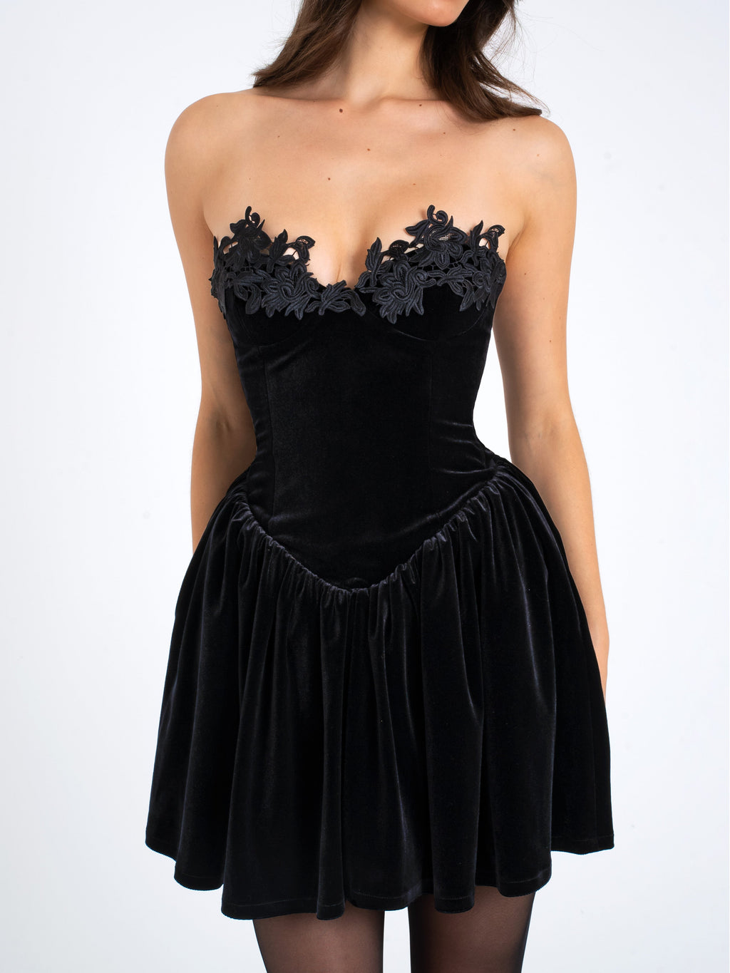 Nora Black Velvet Drop Waist Corset Puffy Mini Dress with Lace Trim - HOUSE OF SHE