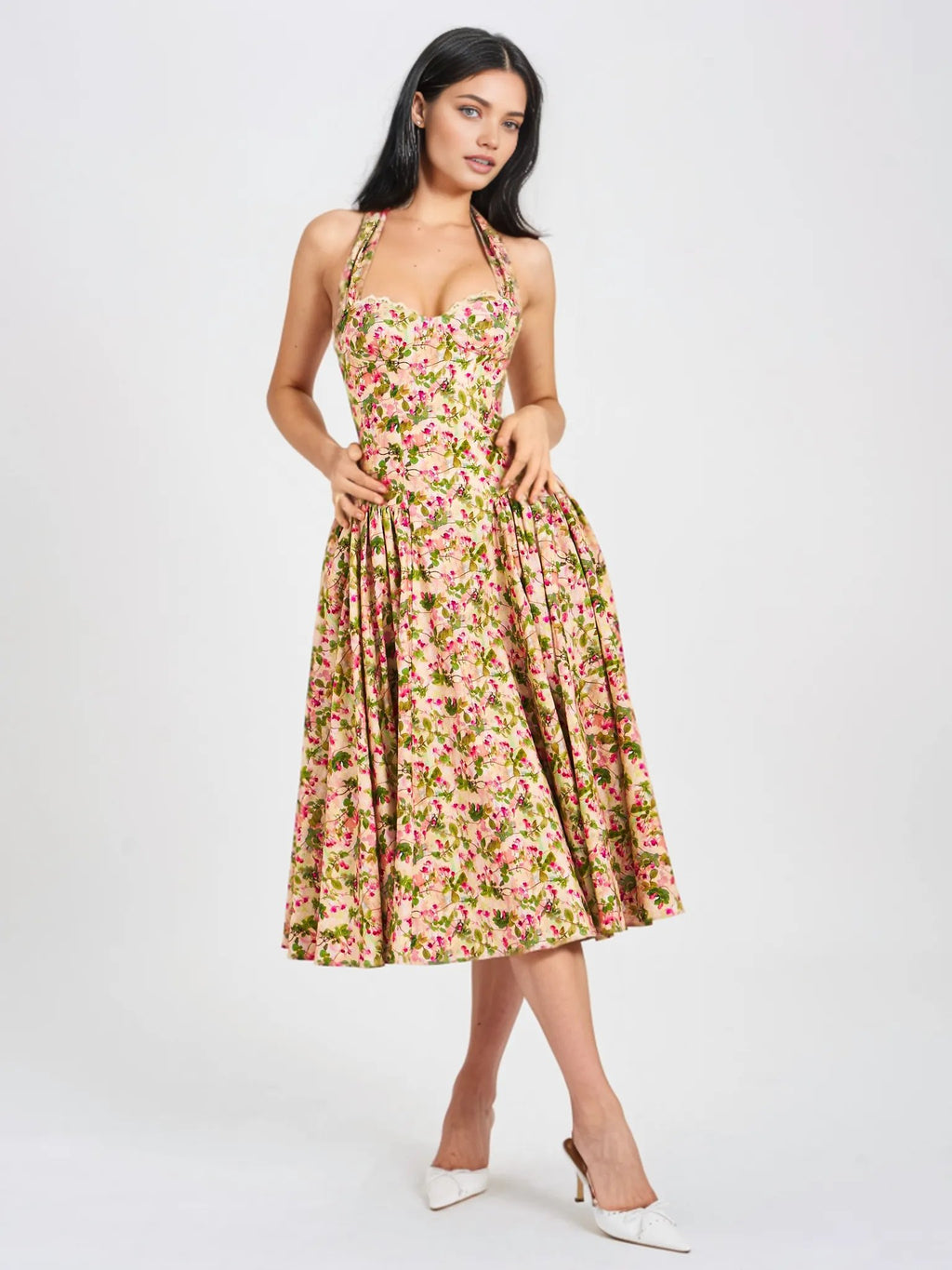 Miya Floral Linen Halter Corset Maxi Dress - HOUSE OF SHE