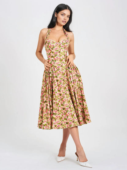 Miya Floral Linen Halter Corset Maxi Dress