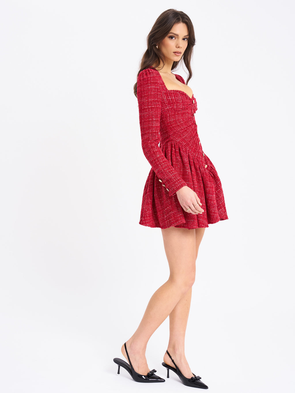 Tae Red Tweed Long Sleeve Drop Waist Mini Dress  HOUSE OF SHE