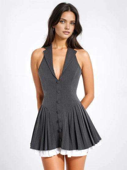 Hazel Grey Preppy Halter Mini Dress