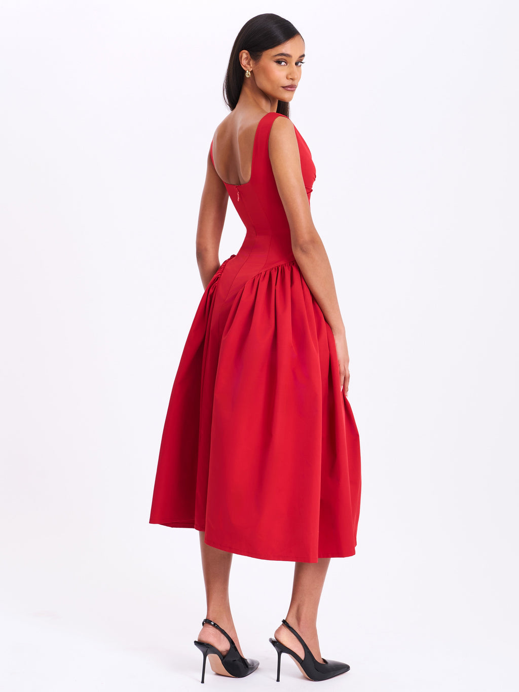Nahla Red Drop Waist Midi Dress with Buttons - HOUSE OF SHE