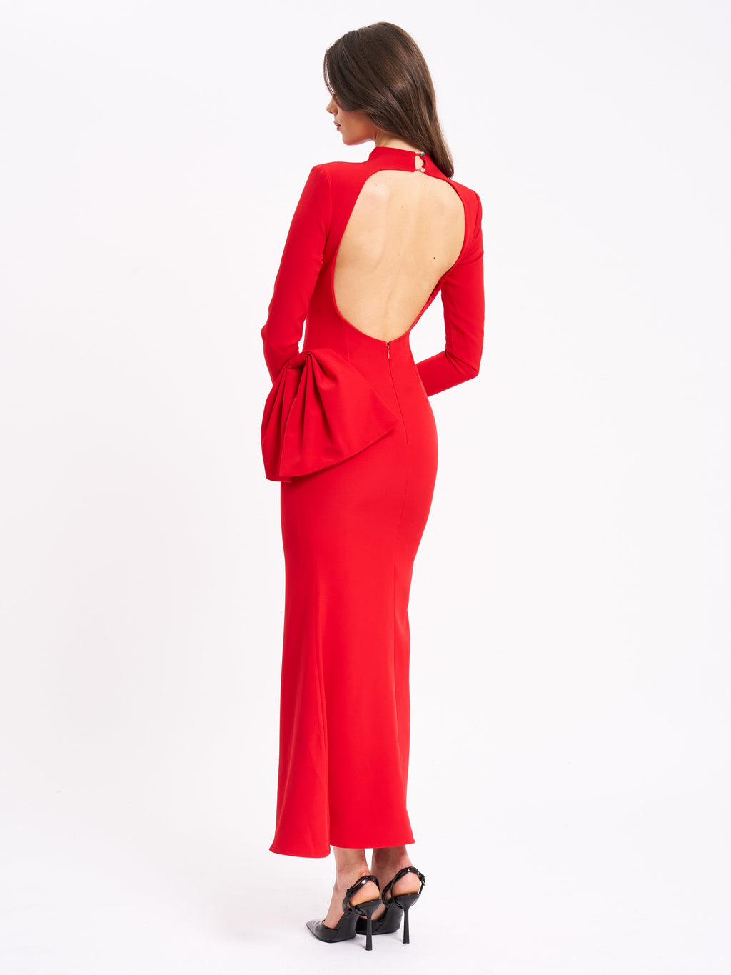 Radha Red Backless Longsleeve Maxi Dress with Bow  HOUSE OF SHE