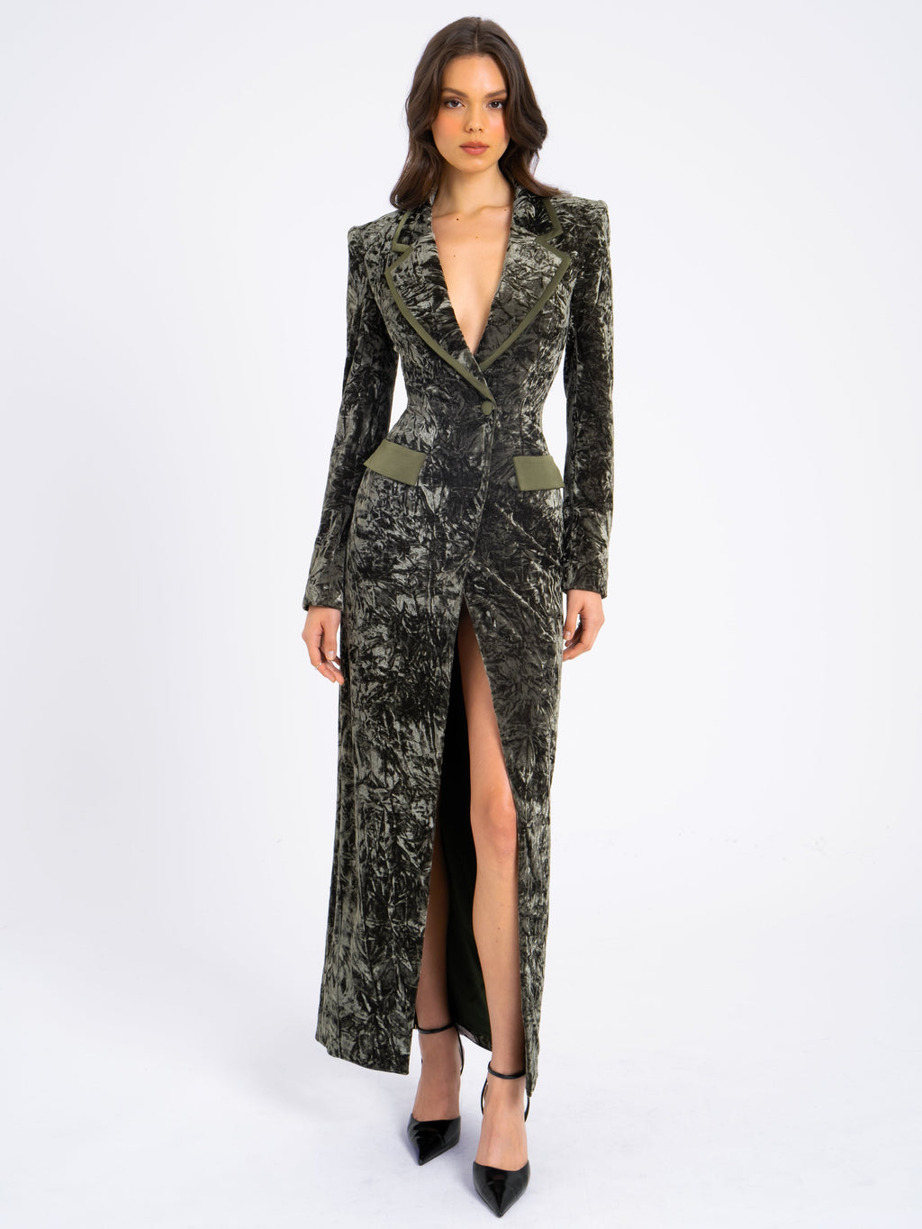 Willow Green Glossy Velvet High Slit Blazer Gown - HOUSE OF SHE